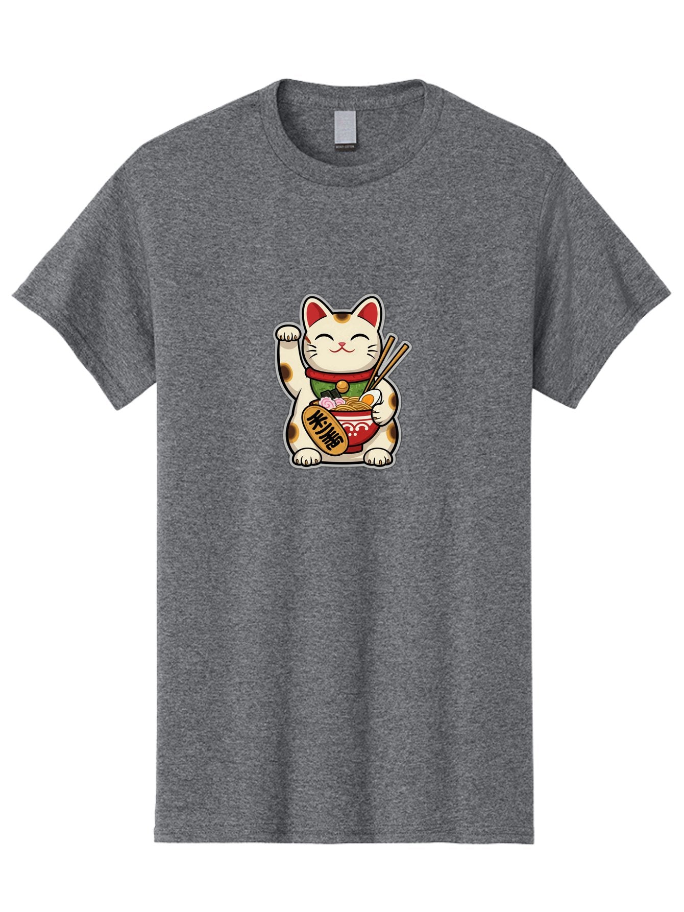 Maneki-Neko Men'S Graphic Tee, 100% Cotton, Comfortable Casual Summer Wear, Machine Washable, Lucky Cat Figurine, Beckoning Cat, Maneki Neko, Japanese Culture, Good Fortune Symbol, Cartoon Cat, Red And Green Collar, Bowl Of Noodles, Chopsticks Baa967 5