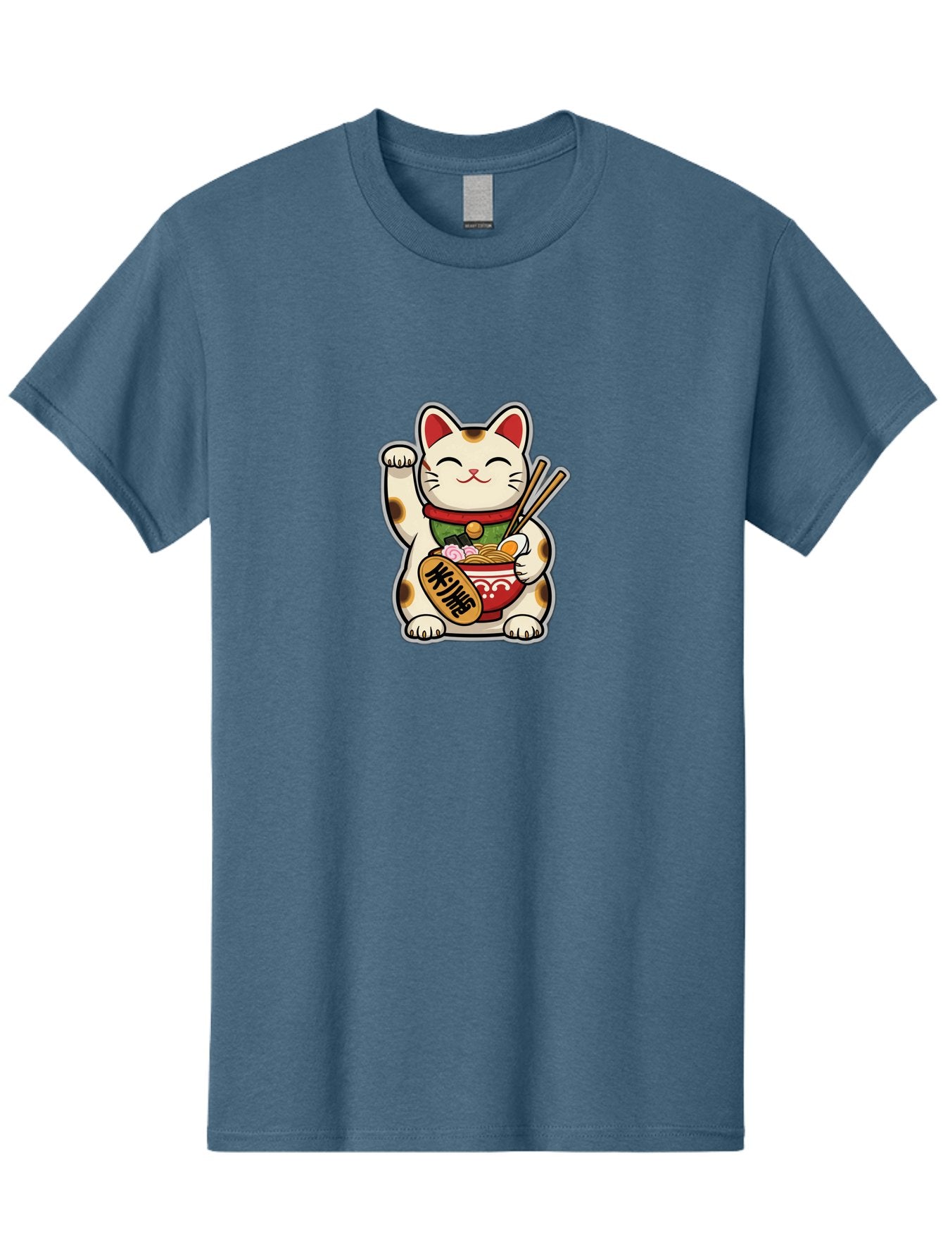 Maneki-Neko Men'S Graphic Tee, 100% Cotton, Comfortable Casual Summer Wear, Machine Washable, Lucky Cat Figurine, Beckoning Cat, Maneki Neko, Japanese Culture, Good Fortune Symbol, Cartoon Cat, Red And Green Collar, Bowl Of Noodles, Chopsticks Baa967 10