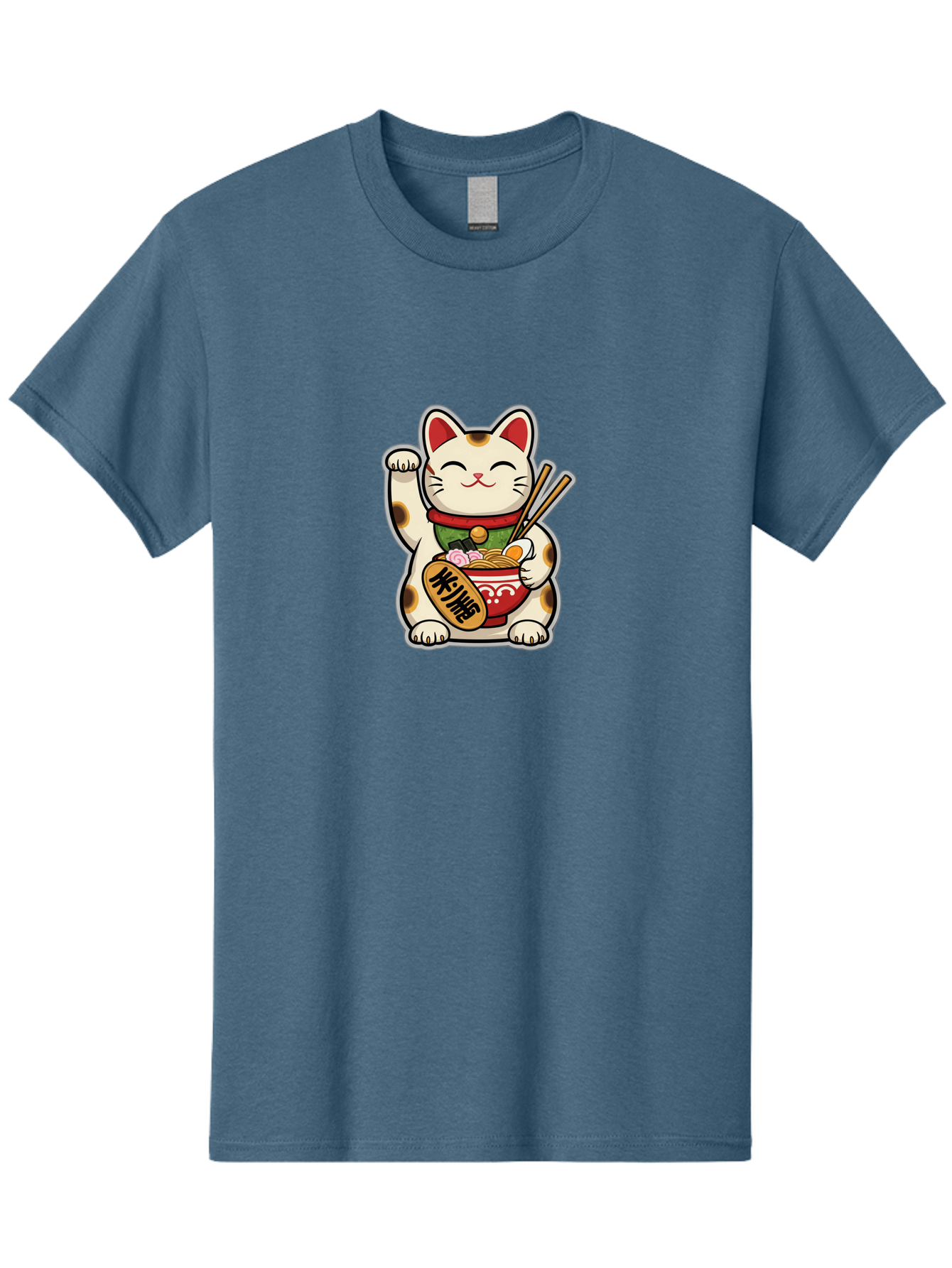Maneki-Neko Men'S Graphic Tee, 100% Cotton, Comfortable Casual Summer Wear, Machine Washable, Lucky Cat Figurine, Beckoning Cat, Maneki Neko, Japanese Culture, Good Fortune Symbol, Cartoon Cat, Red And Green Collar, Bowl Of Noodles, Chopsticks Baa967 27