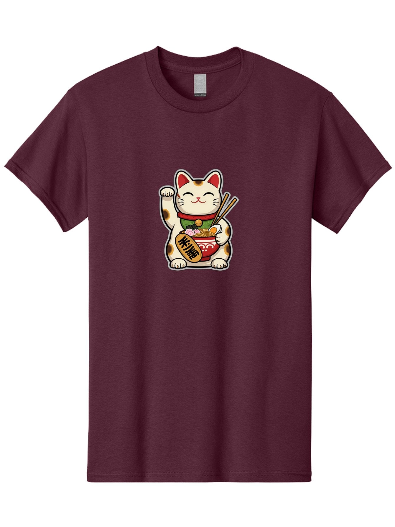 Maneki-Neko Men'S Graphic Tee, 100% Cotton, Comfortable Casual Summer Wear, Machine Washable, Lucky Cat Figurine, Beckoning Cat, Maneki Neko, Japanese Culture, Good Fortune Symbol, Cartoon Cat, Red And Green Collar, Bowl Of Noodles, Chopsticks Baa967 12