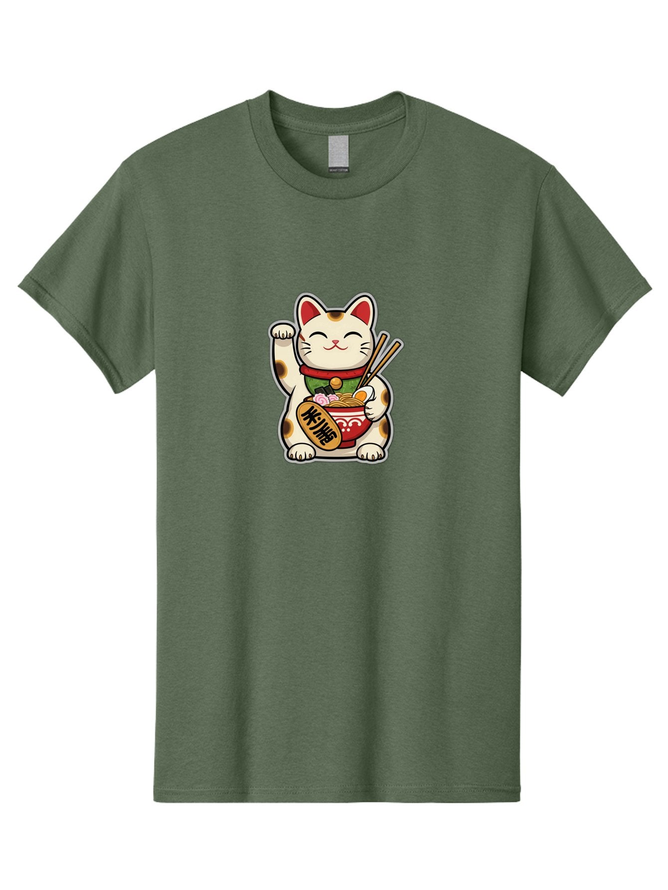 Maneki-Neko Men'S Graphic Tee, 100% Cotton, Comfortable Casual Summer Wear, Machine Washable, Lucky Cat Figurine, Beckoning Cat, Maneki Neko, Japanese Culture, Good Fortune Symbol, Cartoon Cat, Red And Green Collar, Bowl Of Noodles, Chopsticks Baa967 13