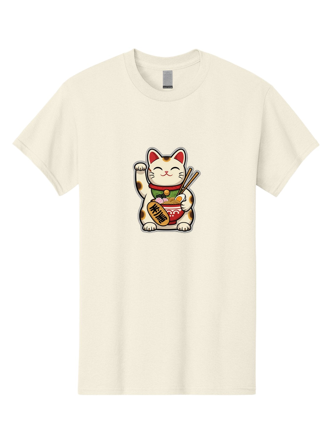 Maneki-Neko Men'S Graphic Tee, 100% Cotton, Comfortable Casual Summer Wear, Machine Washable, Lucky Cat Figurine, Beckoning Cat, Maneki Neko, Japanese Culture, Good Fortune Symbol, Cartoon Cat, Red And Green Collar, Bowl Of Noodles, Chopsticks Baa967