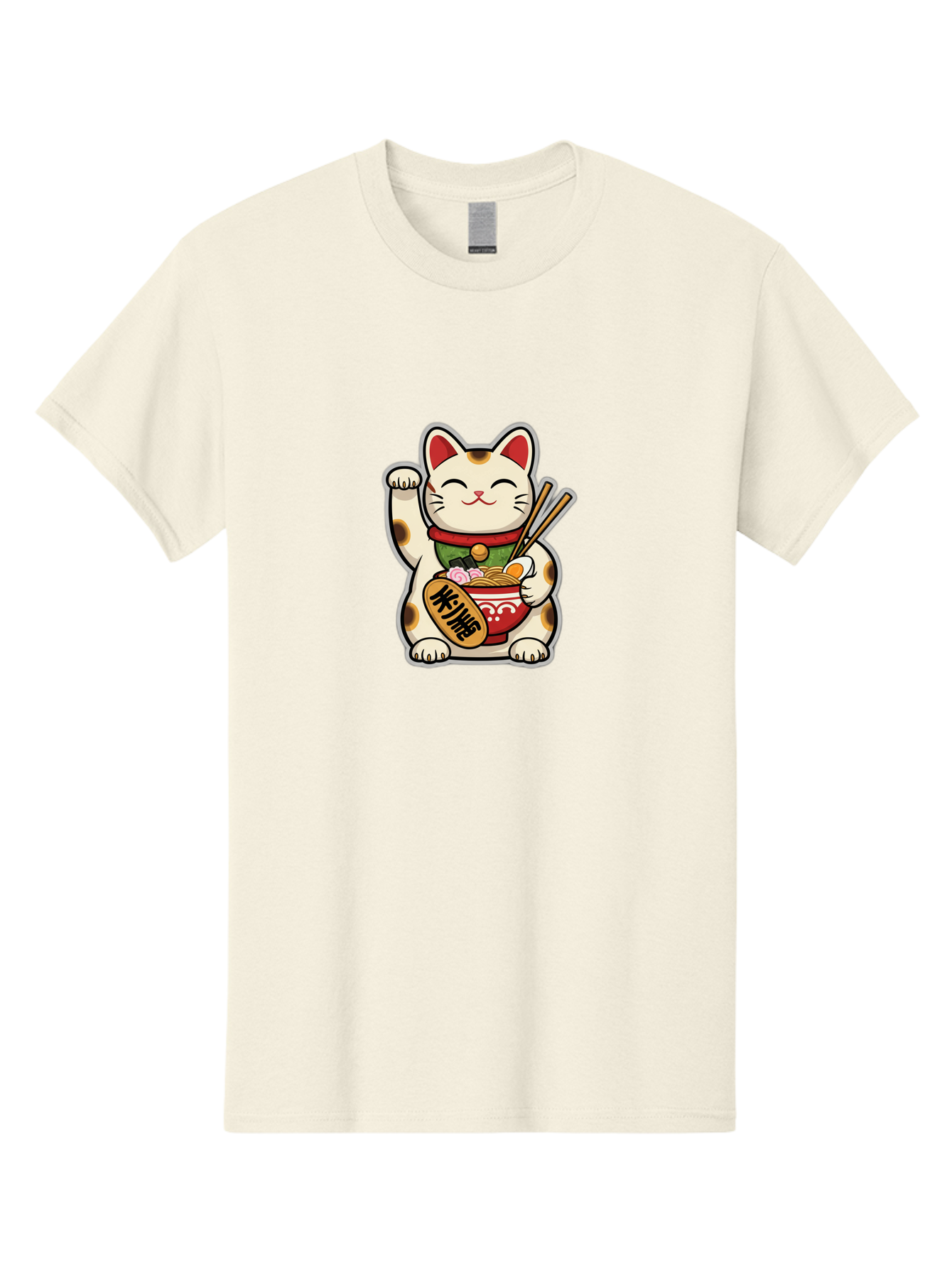Maneki-Neko Men'S Graphic Tee, 100% Cotton, Comfortable Casual Summer Wear, Machine Washable, Lucky Cat Figurine, Beckoning Cat, Maneki Neko, Japanese Culture, Good Fortune Symbol, Cartoon Cat, Red And Green Collar, Bowl Of Noodles, Chopsticks Baa967 19