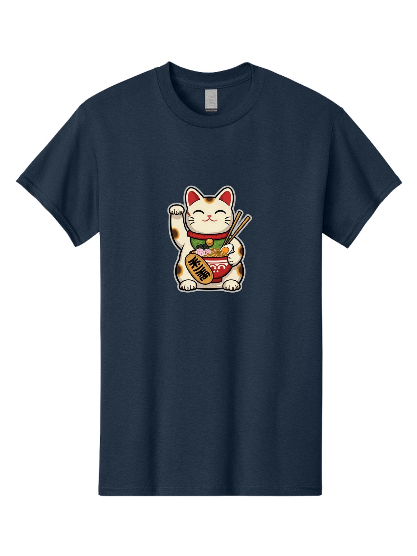 Maneki-Neko Men'S Graphic Tee, 100% Cotton, Comfortable Casual Summer Wear, Machine Washable, Lucky Cat Figurine, Beckoning Cat, Maneki Neko, Japanese Culture, Good Fortune Symbol, Cartoon Cat, Red And Green Collar, Bowl Of Noodles, Chopsticks Baa967 4