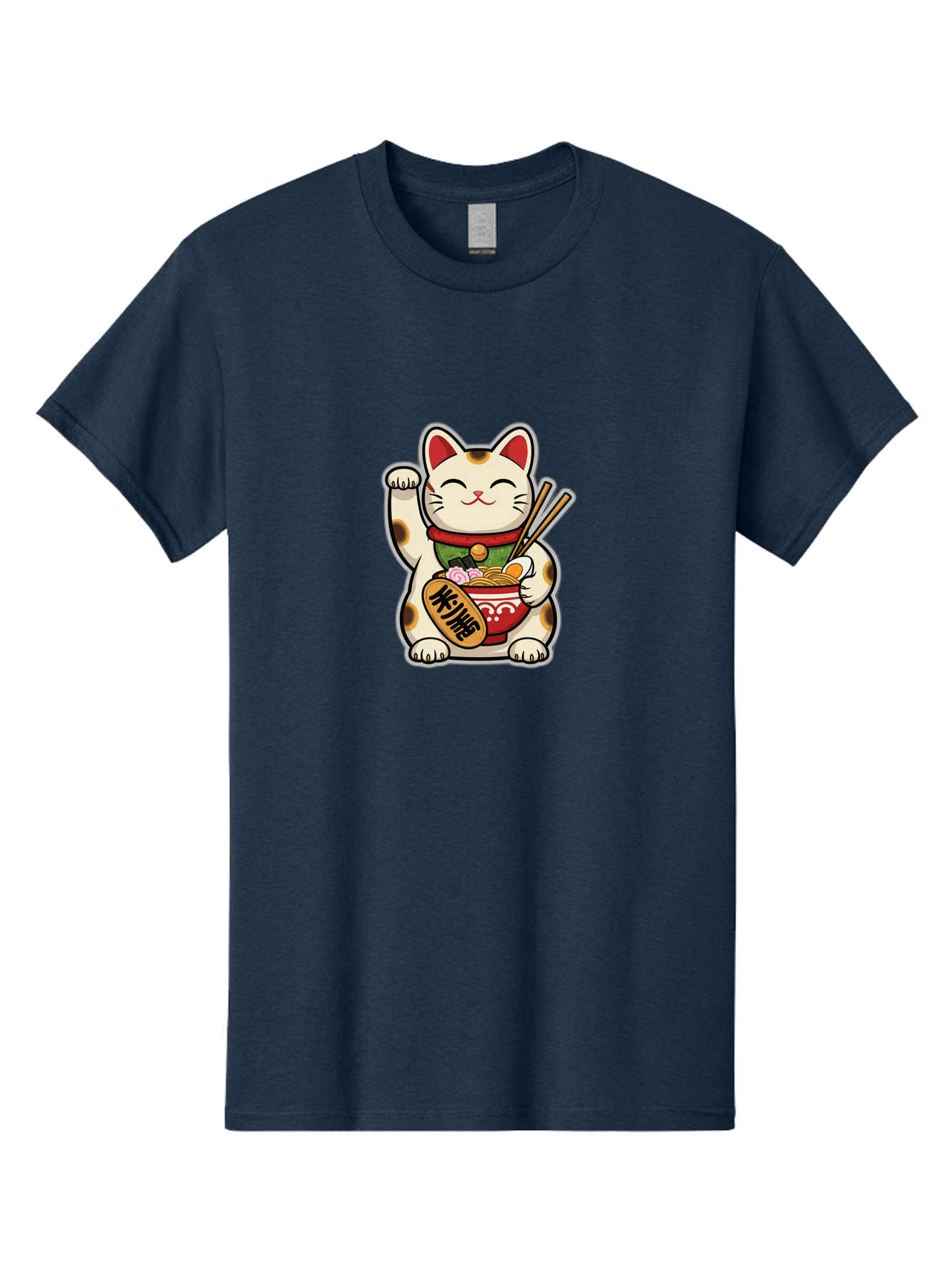 Maneki-Neko Men'S Graphic Tee, 100% Cotton, Comfortable Casual Summer Wear, Machine Washable, Lucky Cat Figurine, Beckoning Cat, Maneki Neko, Japanese Culture, Good Fortune Symbol, Cartoon Cat, Red And Green Collar, Bowl Of Noodles, Chopsticks Baa967 23
