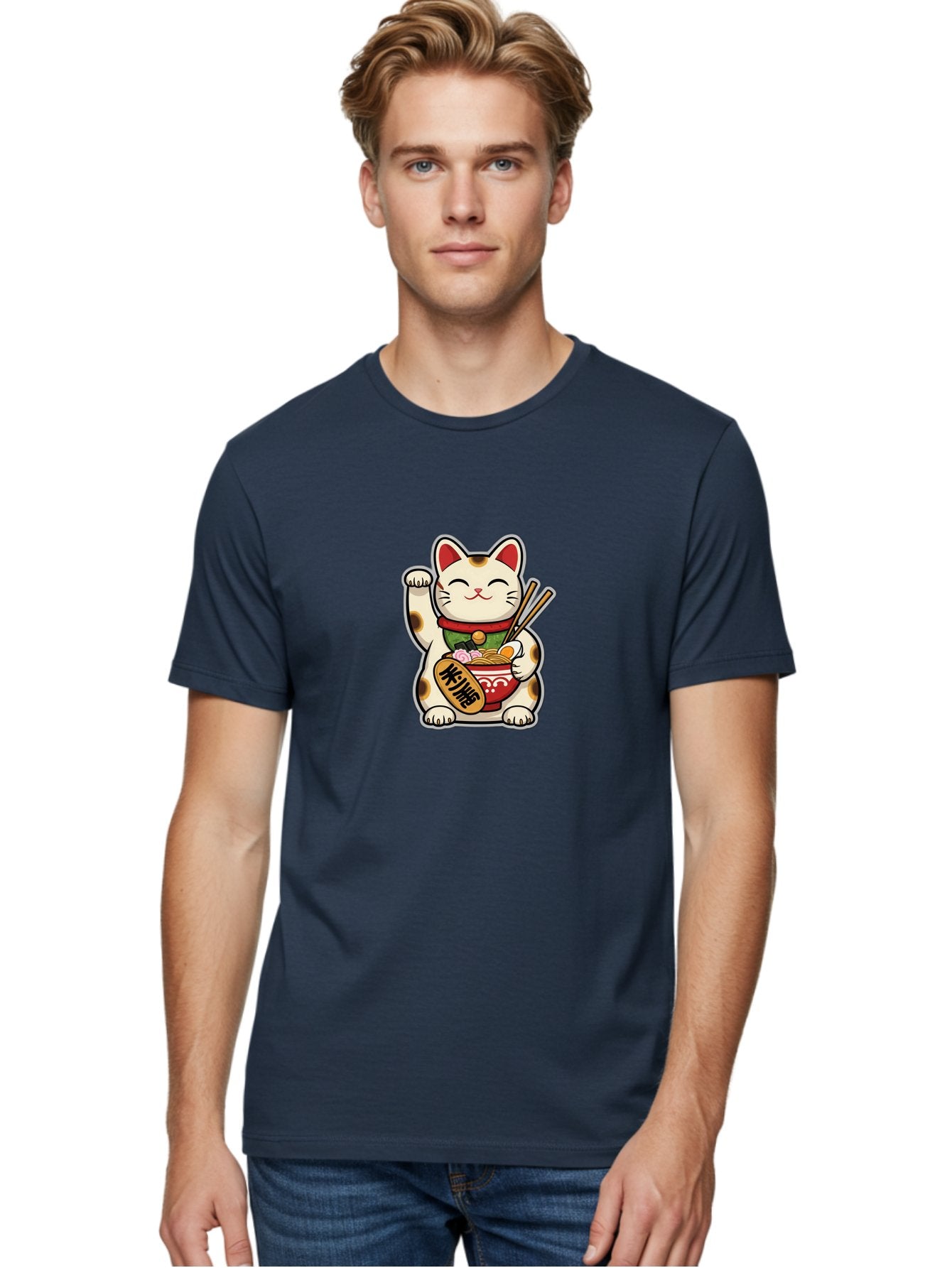 Maneki-Neko Men'S Graphic Tee, 100% Cotton, Comfortable Casual Summer Wear, Machine Washable, Lucky Cat Figurine, Beckoning Cat, Maneki Neko, Japanese Culture, Good Fortune Symbol, Cartoon Cat, Red And Green Collar, Bowl Of Noodles, Chopsticks Baa967 18