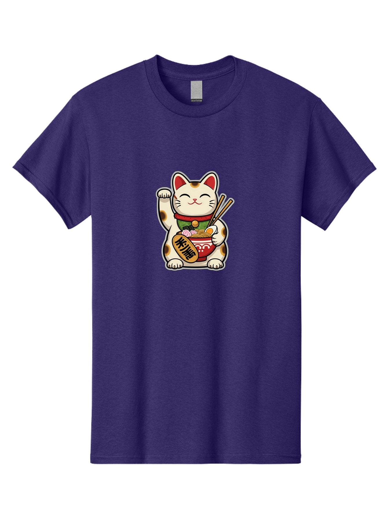 Maneki-Neko Men'S Graphic Tee, 100% Cotton, Comfortable Casual Summer Wear, Machine Washable, Lucky Cat Figurine, Beckoning Cat, Maneki Neko, Japanese Culture, Good Fortune Symbol, Cartoon Cat, Red And Green Collar, Bowl Of Noodles, Chopsticks Baa967 6
