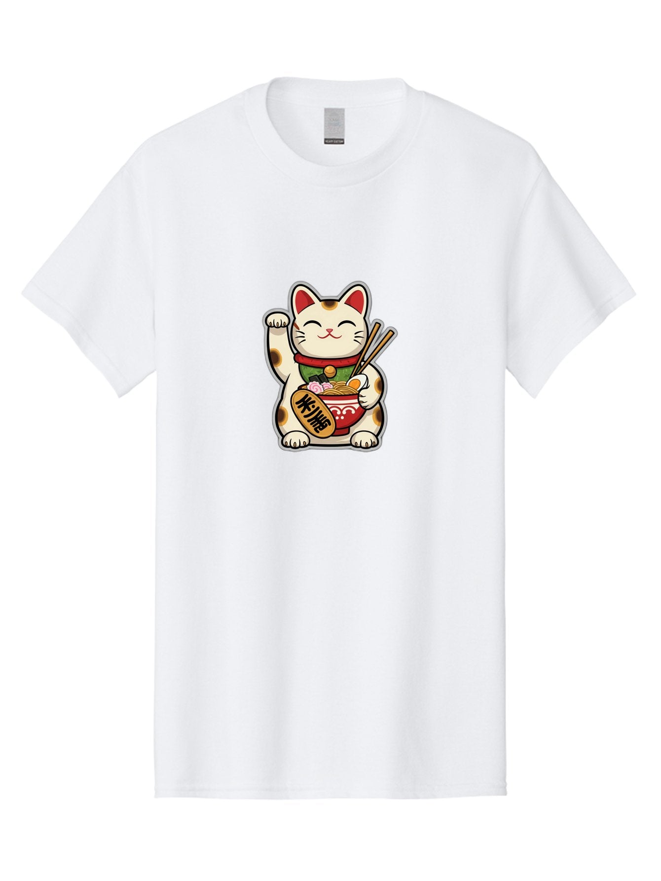 Maneki-Neko Men'S Graphic Tee, 100% Cotton, Comfortable Casual Summer Wear, Machine Washable, Lucky Cat Figurine, Beckoning Cat, Maneki Neko, Japanese Culture, Good Fortune Symbol, Cartoon Cat, Red And Green Collar, Bowl Of Noodles, Chopsticks Baa967 9