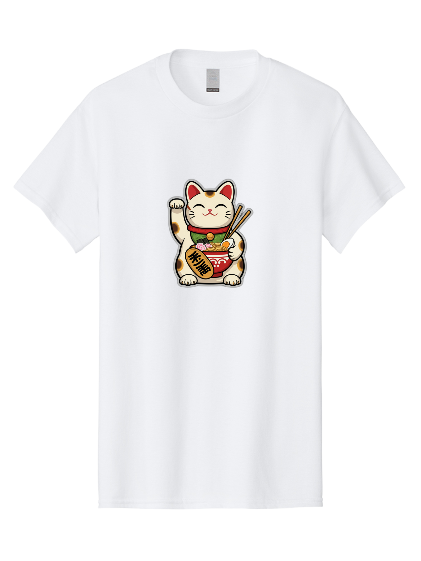 Maneki-Neko Men'S Graphic Tee, 100% Cotton, Comfortable Casual Summer Wear, Machine Washable, Lucky Cat Figurine, Beckoning Cat, Maneki Neko, Japanese Culture, Good Fortune Symbol, Cartoon Cat, Red And Green Collar, Bowl Of Noodles, Chopsticks Baa967 9