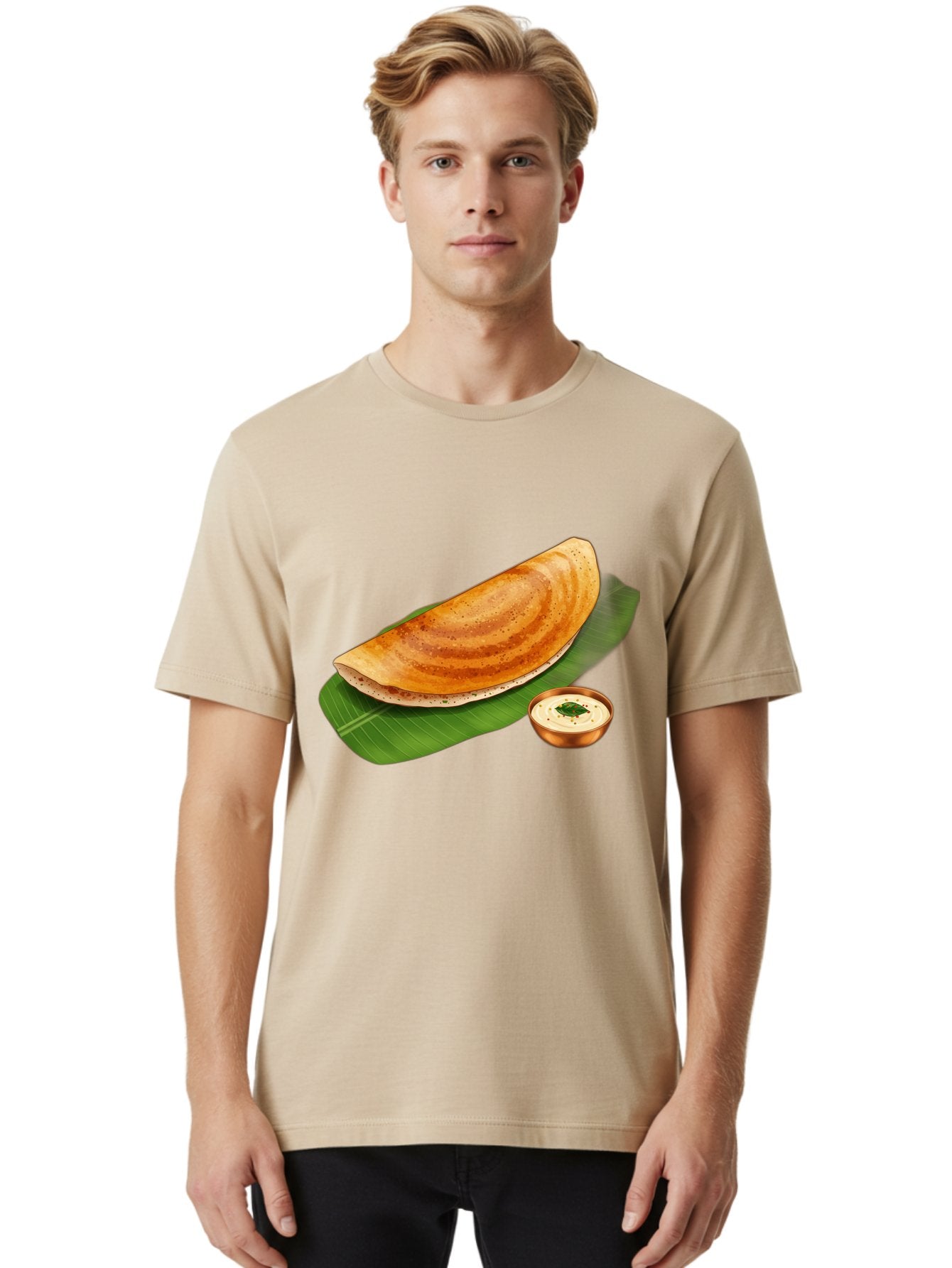 Masala-Dosa-With-Chutney Men'S Graphic Tee, 100% Cotton, Comfortable Casual Summer Wear, Machine Washable, Crispy Dosa, South Indian Cuisine, Fermented Rice Crepe, Chutney, Traditional Breakfast, Indian Food, Banana Leaf, Tasty Dosai Baa988 25
