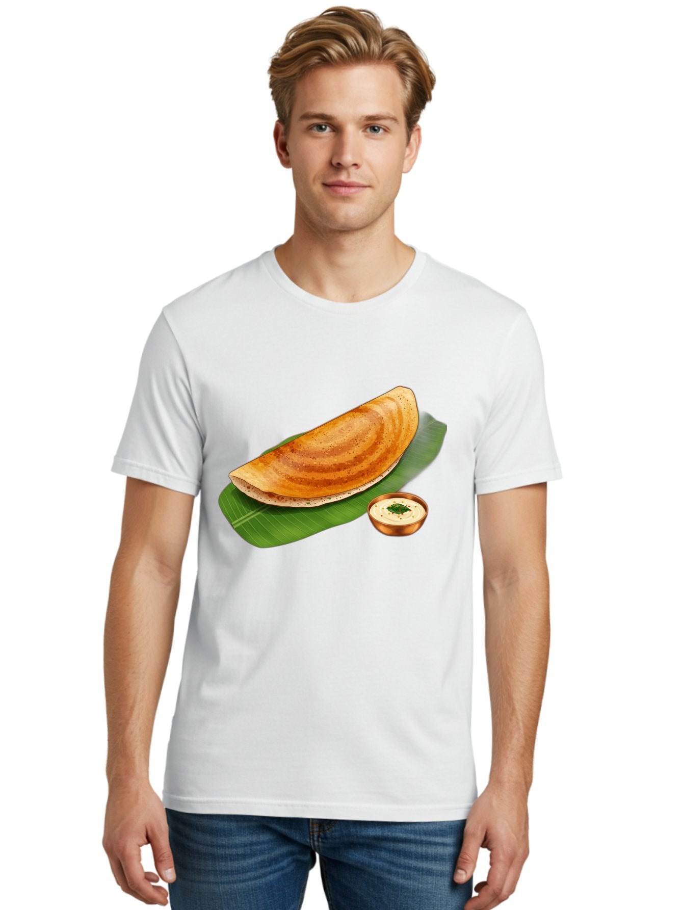 Masala-Dosa-With-Chutney Men'S Graphic Tee, 100% Cotton, Comfortable Casual Summer Wear, Machine Washable, Crispy Dosa, South Indian Cuisine, Fermented Rice Crepe, Chutney, Traditional Breakfast, Indian Food, Banana Leaf, Tasty Dosai Baa988 28