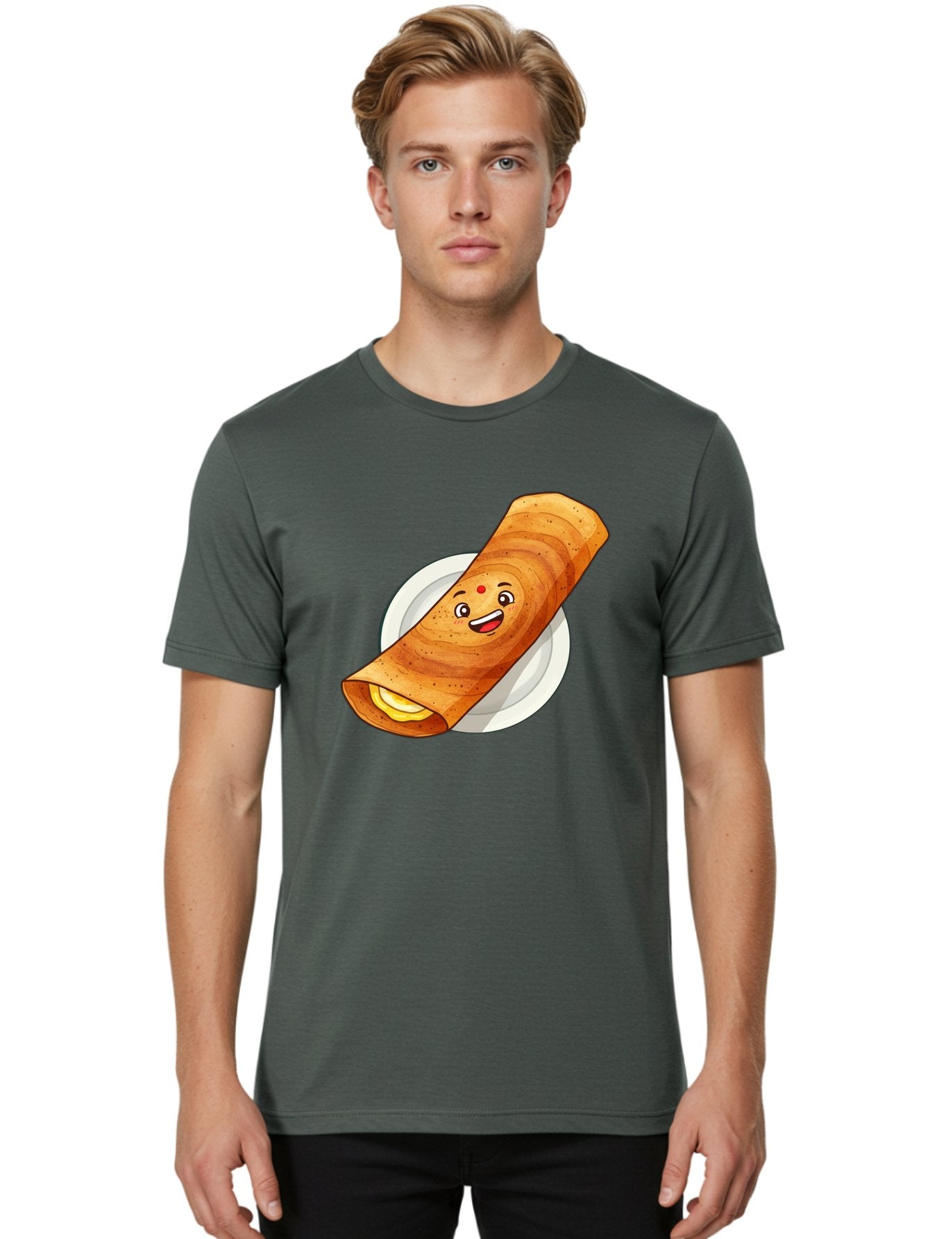 Masala-Dosa Men'S Graphic Tee, 100% Cotton, Comfortable Casual Summer Wear, Machine Washable, Indian Cuisine, Traditional Breakfast, Masala Dosa, Dosa Recipe, South Indian Food, Cartoon Food, Smiling Dosa, Dosa Illustration Baa989 19