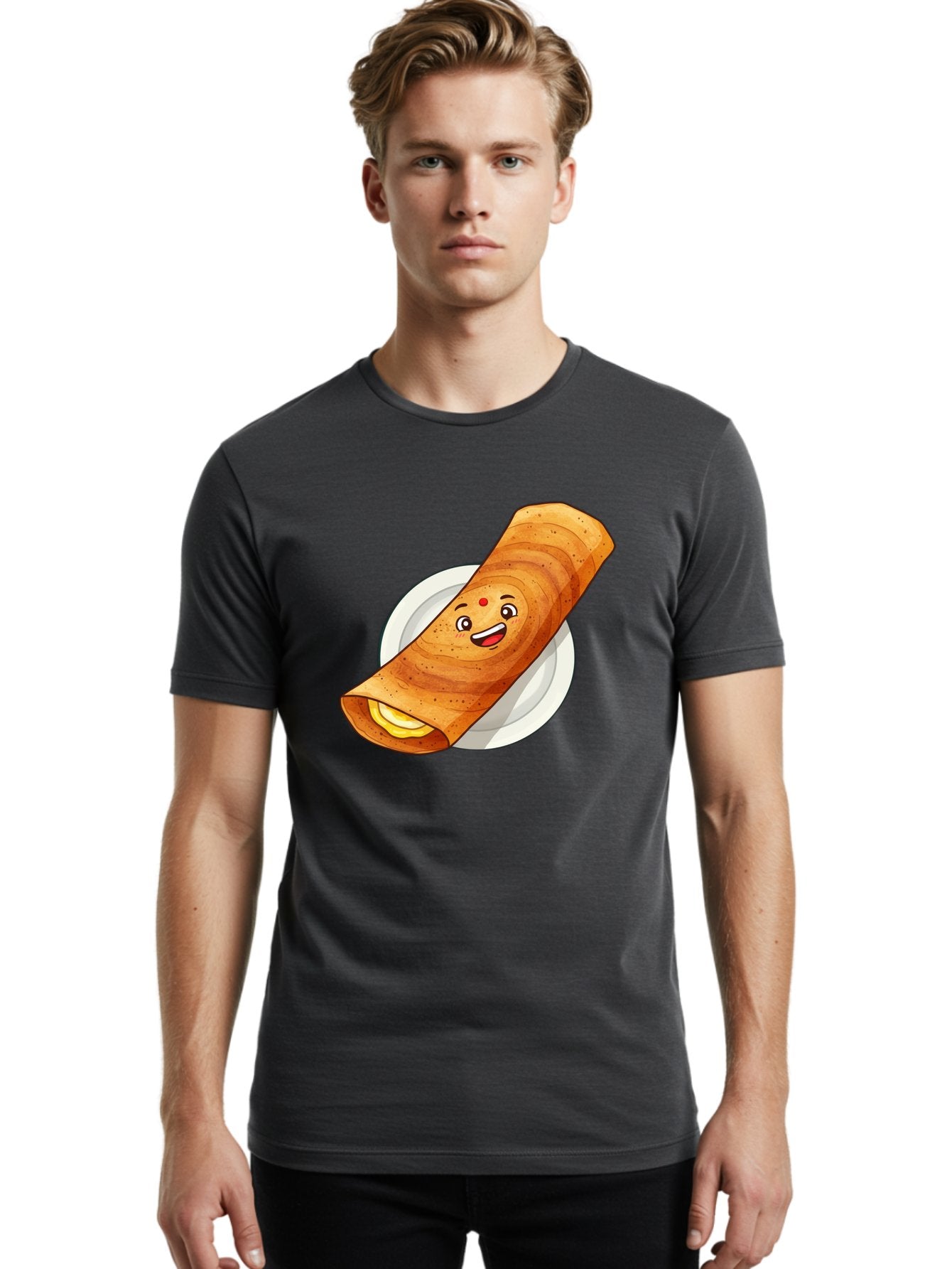 Masala-Dosa Men'S Graphic Tee, 100% Cotton, Comfortable Casual Summer Wear, Machine Washable, Indian Cuisine, Traditional Breakfast, Masala Dosa, Dosa Recipe, South Indian Food, Cartoon Food, Smiling Dosa, Dosa Illustration Baa989 26