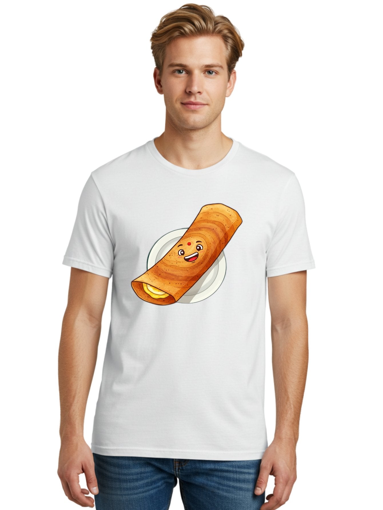 Masala-Dosa Men'S Graphic Tee, 100% Cotton, Comfortable Casual Summer Wear, Machine Washable, Indian Cuisine, Traditional Breakfast, Masala Dosa, Dosa Recipe, South Indian Food, Cartoon Food, Smiling Dosa, Dosa Illustration Baa989 27
