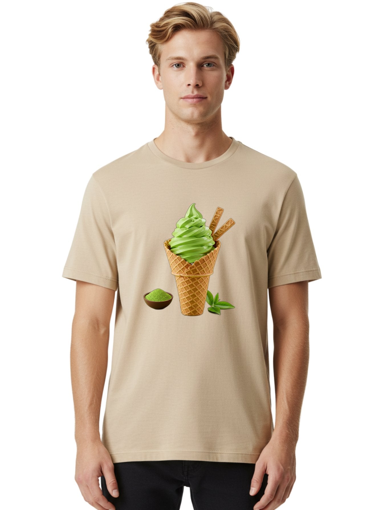 Matcha-Ice-Cream-Cone-1 Men'S Graphic Tee, 100% Cotton, Comfortable Casual Summer Wear, Machine Washable, Matcha Ice Cream Cone, Soft-Serve Ice Cream, Green Tea, Japanese Dessert, Matcha Powder, Summer Treat, Ice Cream, Green Tea Ice Cream, Baa991 23