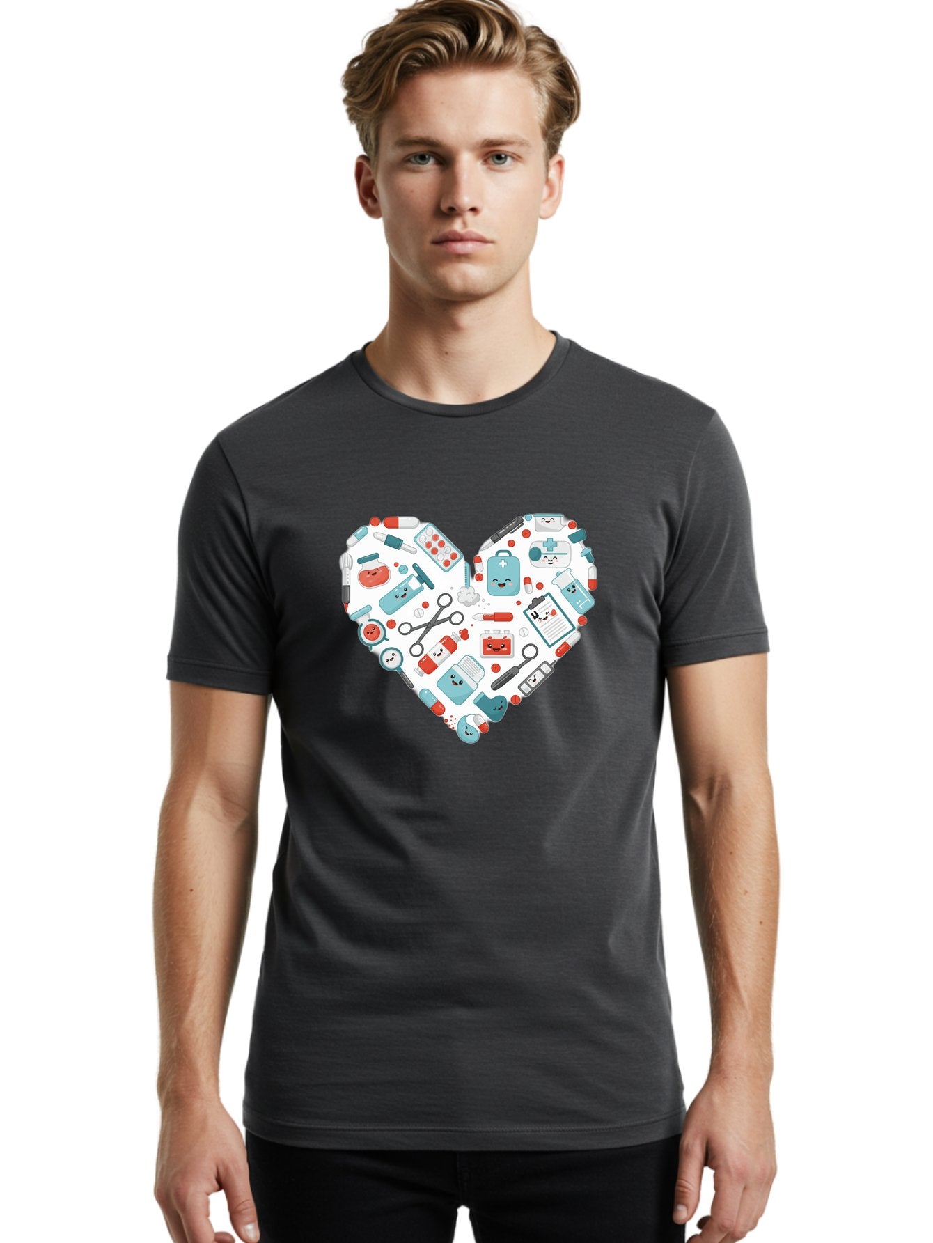 Medical-Heart Men'S Graphic Tee, 100% Cotton, Comfortable Casual Summer Wear, Machine Washable, Heart Shape, Medical Supplies, Healthcare Symbols, First Aid Kit, Medical Tools, Healthcare Icons, Medical Equipment, Health Care, Medical Kit, Baa995 17