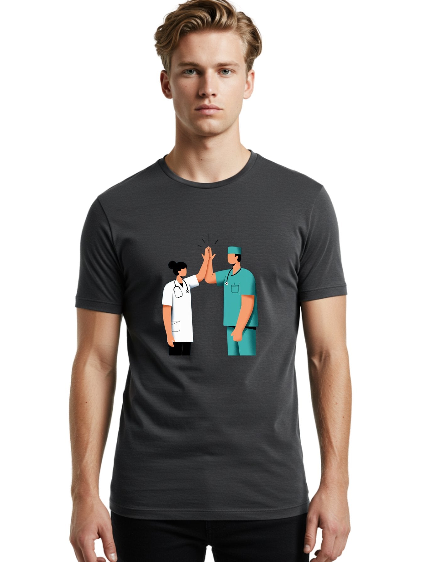Medical-Professionals-High-Five Men'S Graphic Tee, 100% Cotton, Comfortable Casual Summer Wear, Machine Washable, Doctors Giving High Five, Medical Professionals, Teamwork, Healthcare Workers, Stethoscope, Medical Scrubs, Teamwork Success, Baa997 18
