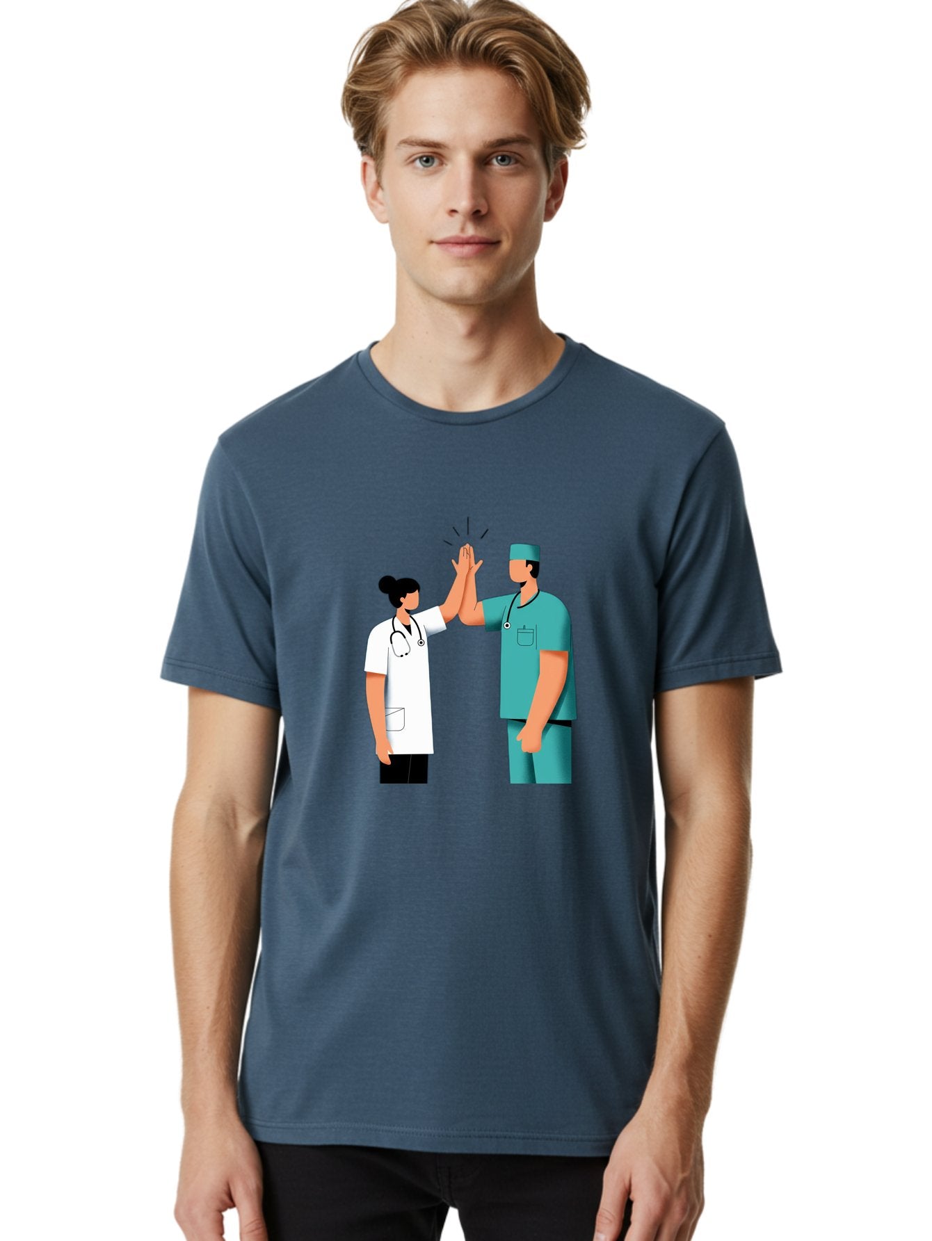 Medical-Professionals-High-Five Men'S Graphic Tee, 100% Cotton, Comfortable Casual Summer Wear, Machine Washable, Doctors Giving High Five, Medical Professionals, Teamwork, Healthcare Workers, Stethoscope, Medical Scrubs, Teamwork Success, Baa997 29