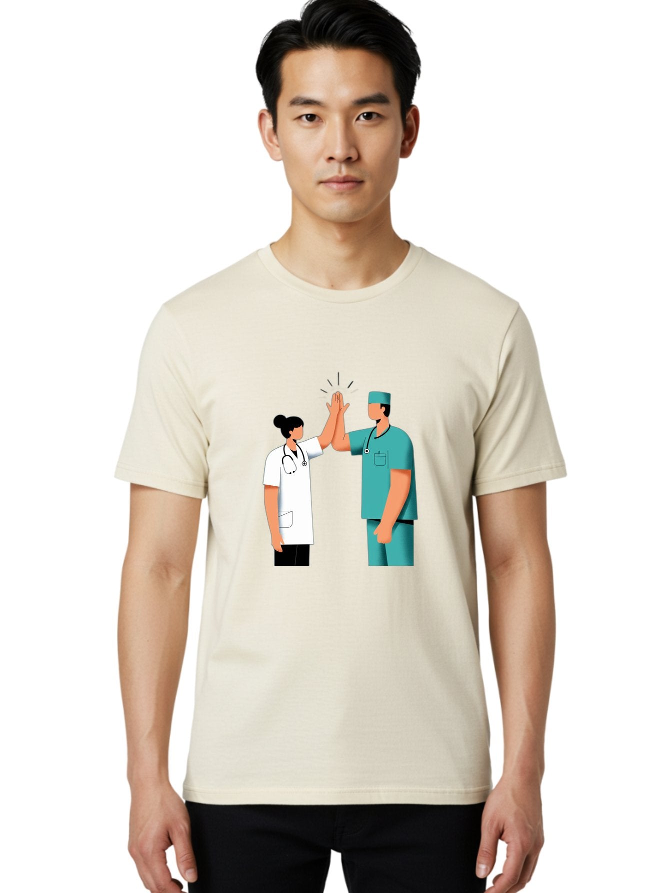 Medical-Professionals-High-Five Men'S Graphic Tee, 100% Cotton, Comfortable Casual Summer Wear, Machine Washable, Doctors Giving High Five, Medical Professionals, Teamwork, Healthcare Workers, Stethoscope, Medical Scrubs, Teamwork Success, Baa997 26