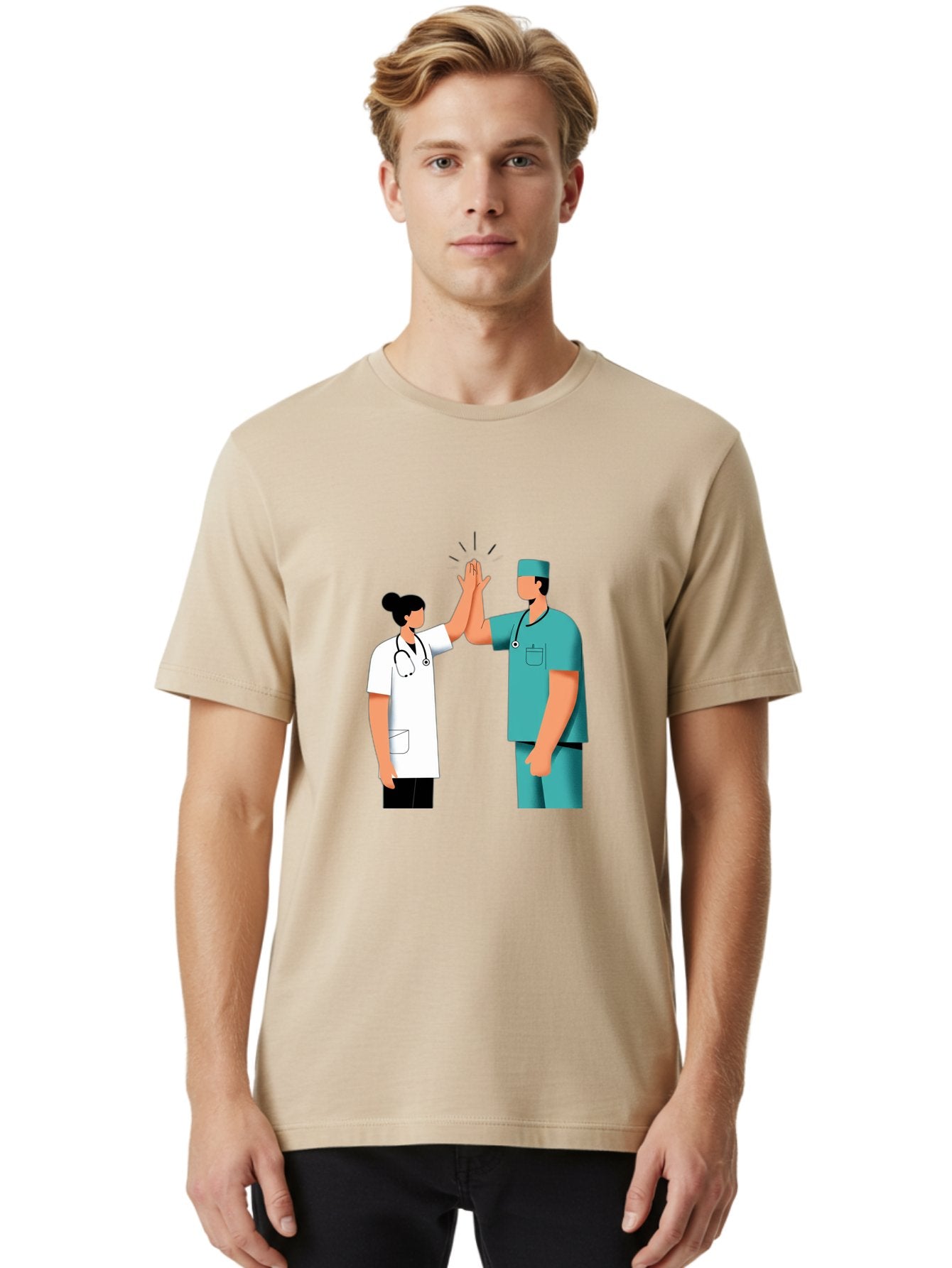 Medical-Professionals-High-Five Men'S Graphic Tee, 100% Cotton, Comfortable Casual Summer Wear, Machine Washable, Doctors Giving High Five, Medical Professionals, Teamwork, Healthcare Workers, Stethoscope, Medical Scrubs, Teamwork Success, Baa997 24
