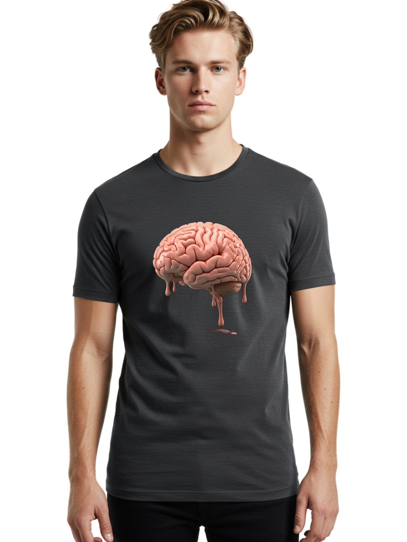 Melting-Brain Men'S Graphic Tee, 100% Cotton, Comfortable Casual Summer Wear, Machine Washable, Human Brain, Melting Effect, Surreal Art, Psychological Concept, Cognitive Distortion, Abstract Representation, Creative Visualization, Baa999 23