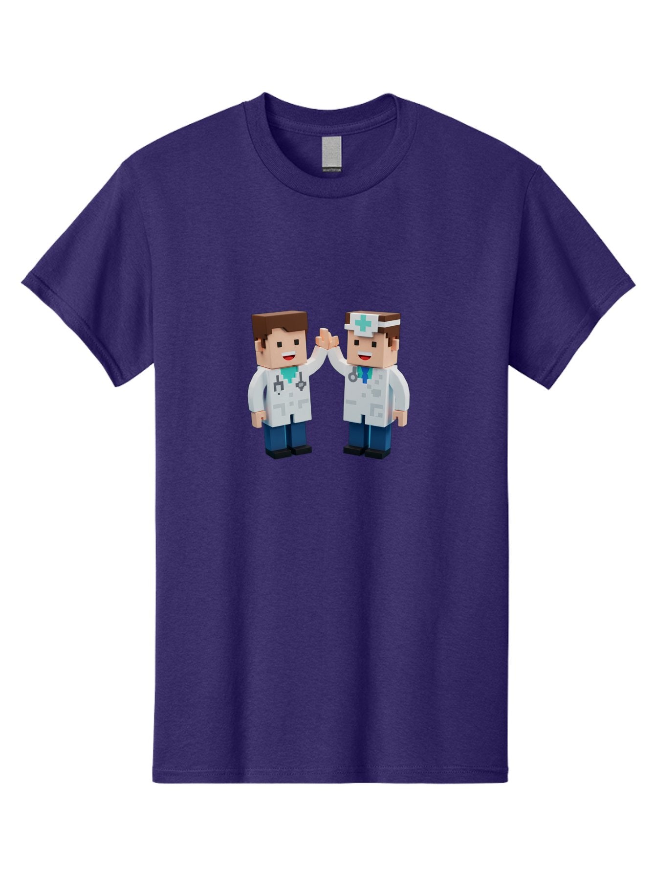 Minecraft-Doctors Men'S Graphic Tee, 100% Cotton, Comfortable Casual Summer Wear, Machine Washable, Minecraft Characters, Doctors, High Fiving, Healthcare Professionals, Medical Team, Pixel Art, Video Game Characters, Teamwork, Bab009
