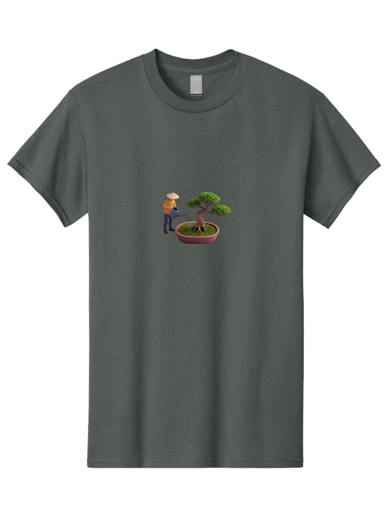 Miniature-Gardener Men'S Graphic Tee, 100% Cotton, Comfortable Casual Summer Wear, Machine Washable, Miniature Figurine, Bonsai Tree, Gardening Scene, Watering Can, Serene Atmosphere, Tranquil Setting, Green Leaves, Pot, Small Plants, Bab010