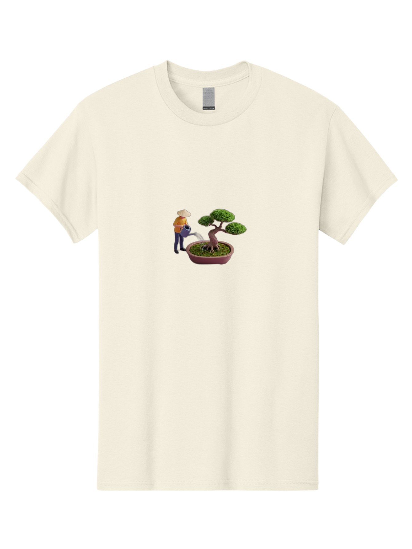 Miniature-Gardener Men'S Graphic Tee, 100% Cotton, Comfortable Casual Summer Wear, Machine Washable, Miniature Figurine, Bonsai Tree, Gardening Scene, Watering Can, Serene Atmosphere, Tranquil Setting, Green Leaves, Pot, Small Plants, Bab010 4