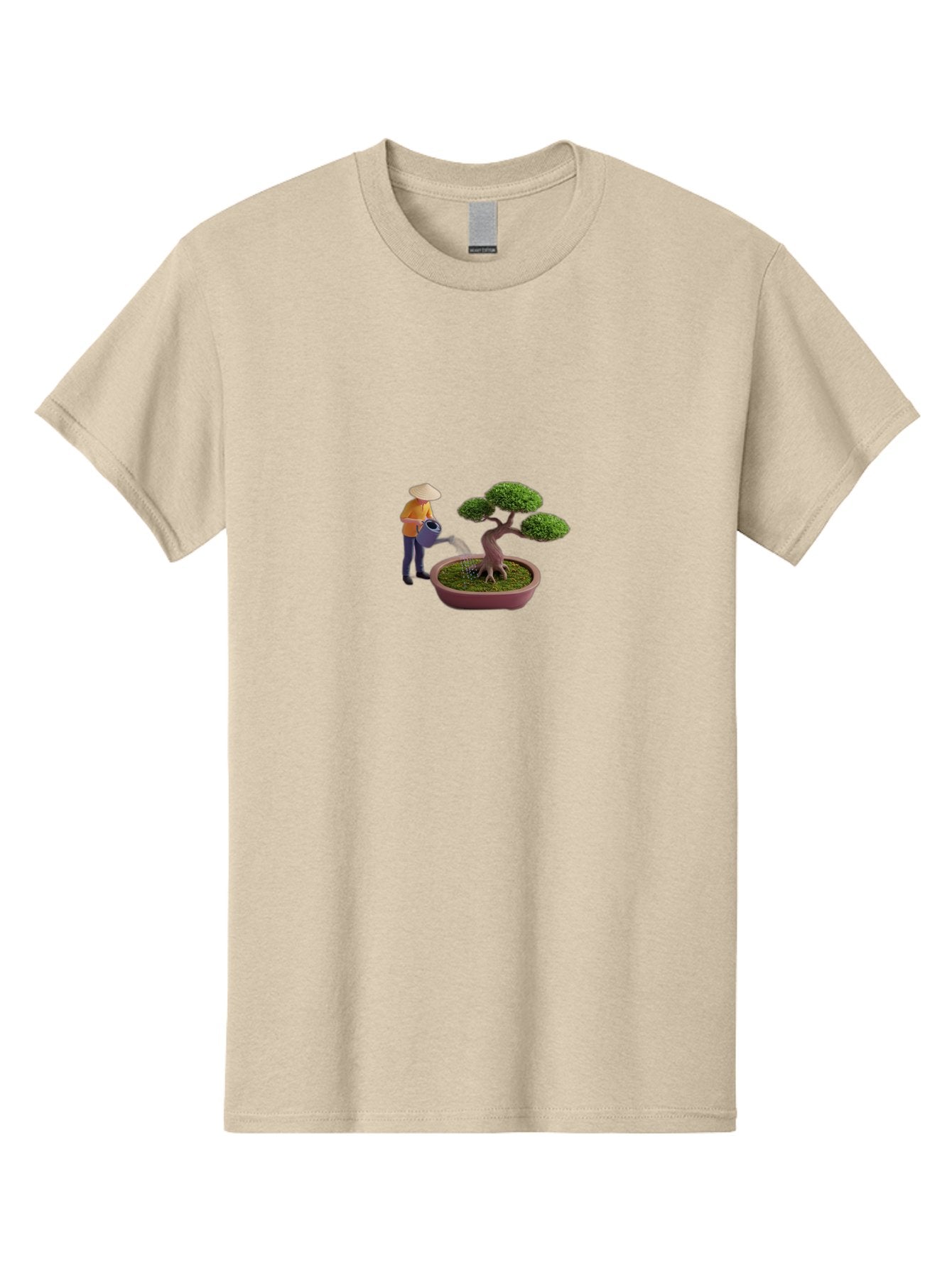 Miniature-Gardener Men'S Graphic Tee, 100% Cotton, Comfortable Casual Summer Wear, Machine Washable, Miniature Figurine, Bonsai Tree, Gardening Scene, Watering Can, Serene Atmosphere, Tranquil Setting, Green Leaves, Pot, Small Plants, Bab010 3