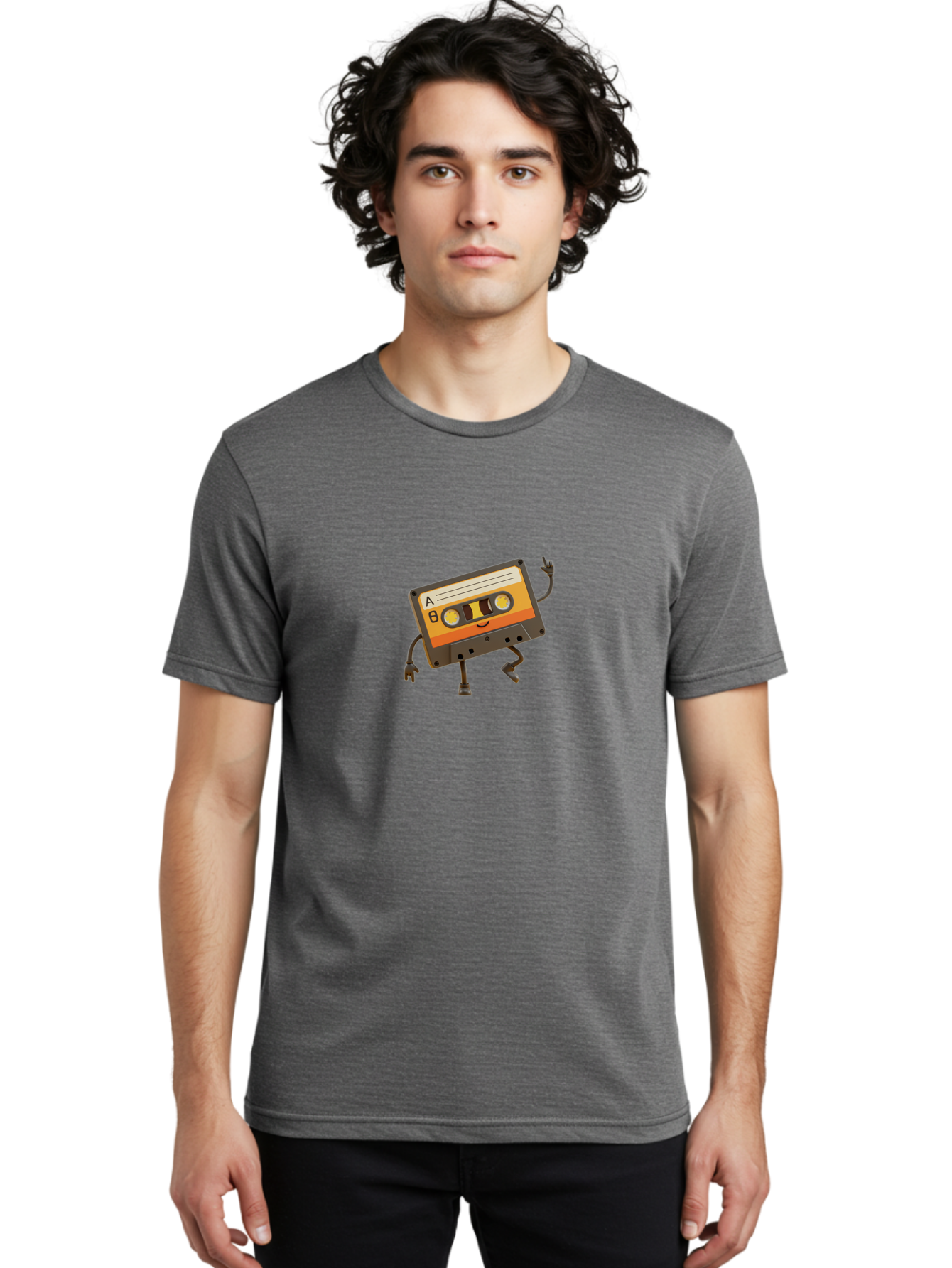 Mix-Tape Men'S Graphic Tee, 100% Cotton, Comfortable Casual Summer Wear, Machine Washable, Retro Cassette Tape, Funky Art, Cartoon Character, Orange Label, Smiley Face, Wacky Pose, Rock On Gesture, Nostalgic Vibe, Music Icon, Fun Design, Bab014 16