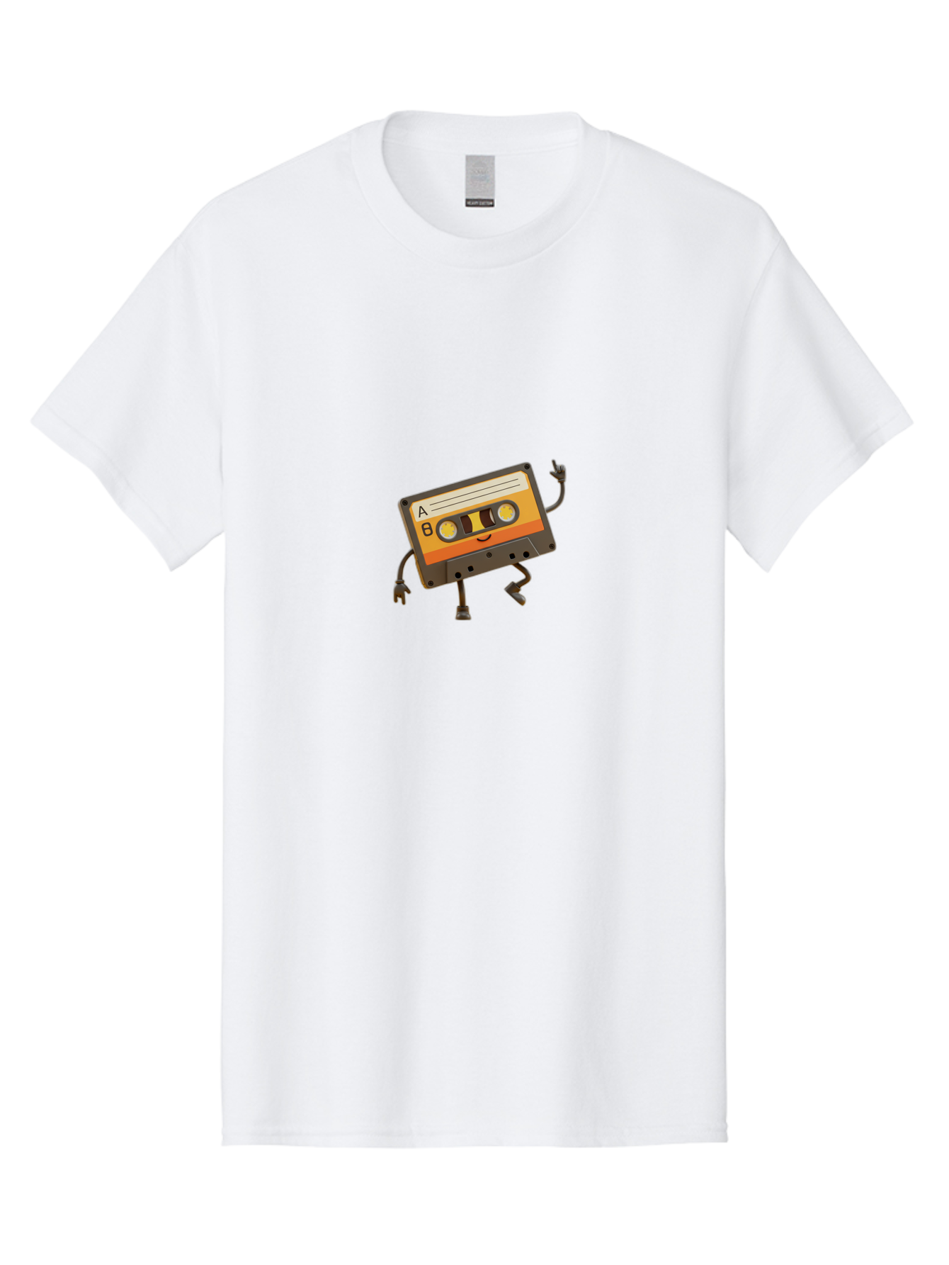 Mix-Tape Men'S Graphic Tee, 100% Cotton, Comfortable Casual Summer Wear, Machine Washable, Retro Cassette Tape, Funky Art, Cartoon Character, Orange Label, Smiley Face, Wacky Pose, Rock On Gesture, Nostalgic Vibe, Music Icon, Fun Design, Bab014 11