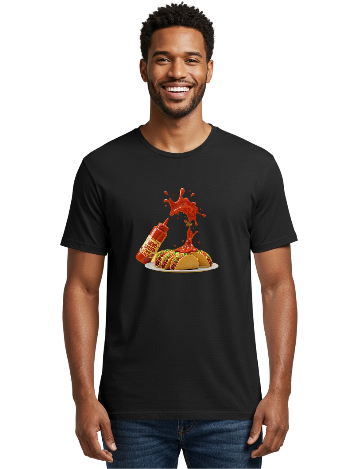 Mojo-Salsa Men'S Graphic Tee, 100% Cotton, Comfortable Casual Summer Wear, Machine Washable, Mad Dog Inferno Sauce, Hot Sauce, Spicy Food, Tacos, Taco Tuesday, Mexican Cuisine, Condiment, Red Sauce, Bold Flavor, Saucy Splatter, Foodie Bab015 23