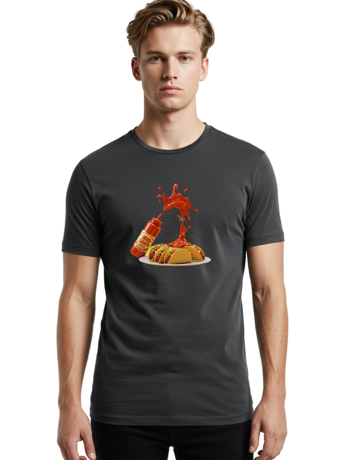 Mojo-Salsa Men'S Graphic Tee, 100% Cotton, Comfortable Casual Summer Wear, Machine Washable, Mad Dog Inferno Sauce, Hot Sauce, Spicy Food, Tacos, Taco Tuesday, Mexican Cuisine, Condiment, Red Sauce, Bold Flavor, Saucy Splatter, Foodie Bab015 28