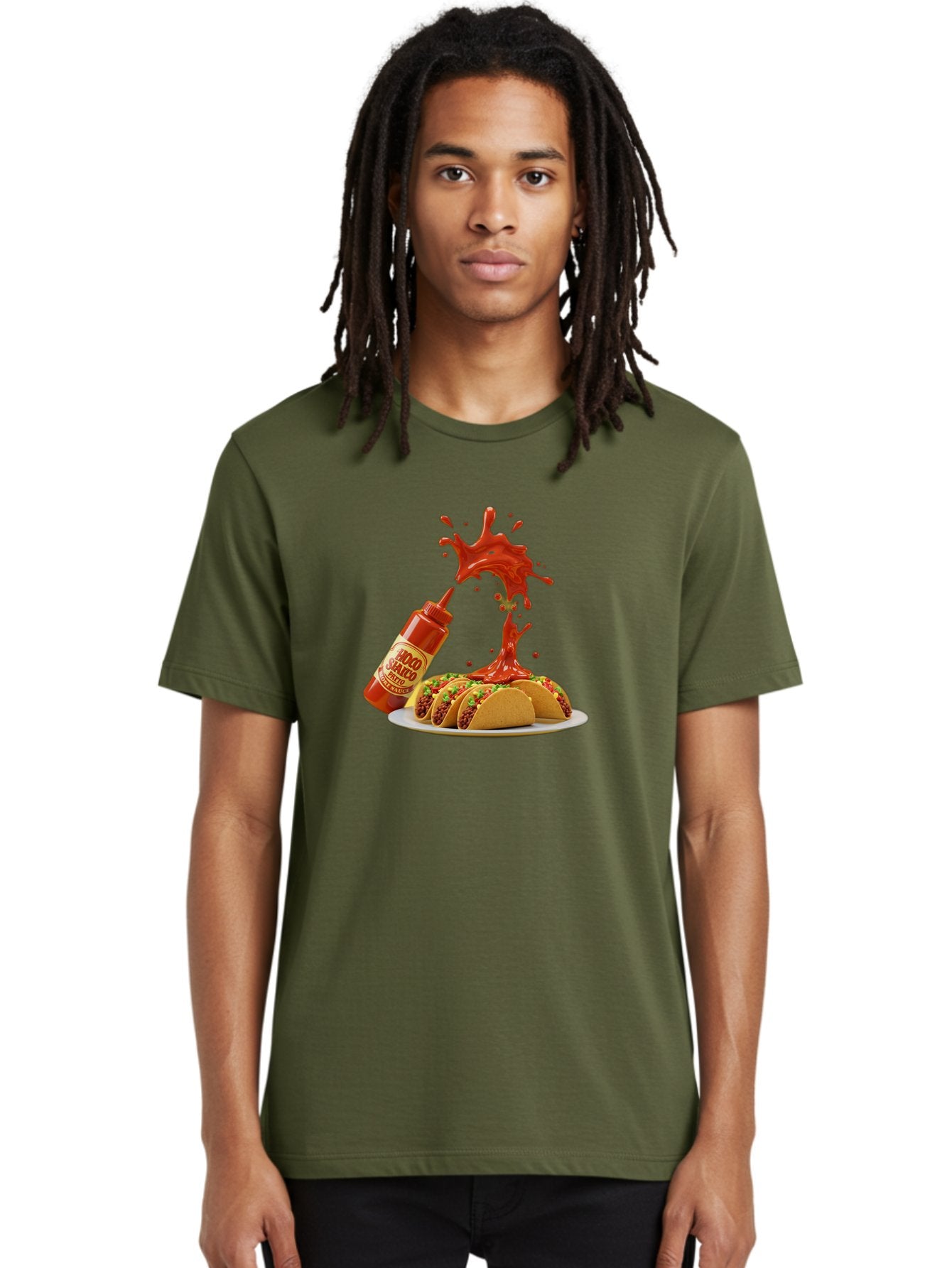 Mojo-Salsa Men'S Graphic Tee, 100% Cotton, Comfortable Casual Summer Wear, Machine Washable, Mad Dog Inferno Sauce, Hot Sauce, Spicy Food, Tacos, Taco Tuesday, Mexican Cuisine, Condiment, Red Sauce, Bold Flavor, Saucy Splatter, Foodie Bab015 24