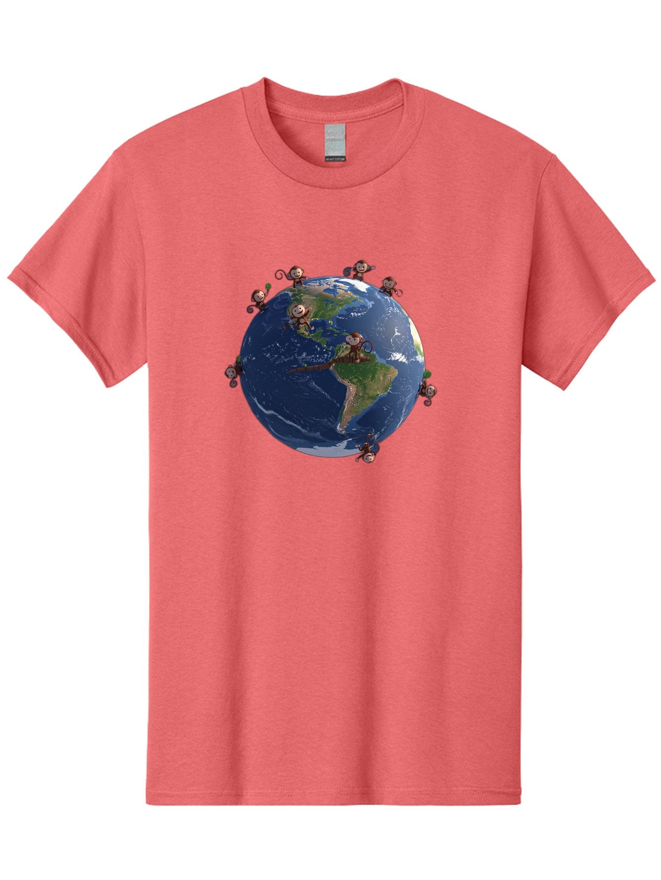 Monkeys-Around-The-World Men'S Graphic Tee, 100% Cotton, Comfortable Casual Summer Wear, Machine Washable, Monkeys On The Globe, Playful Primates, World Map, International Fun, Cartoon Characters, Global Unity, Amusing Scene, Monkey Business Bab017