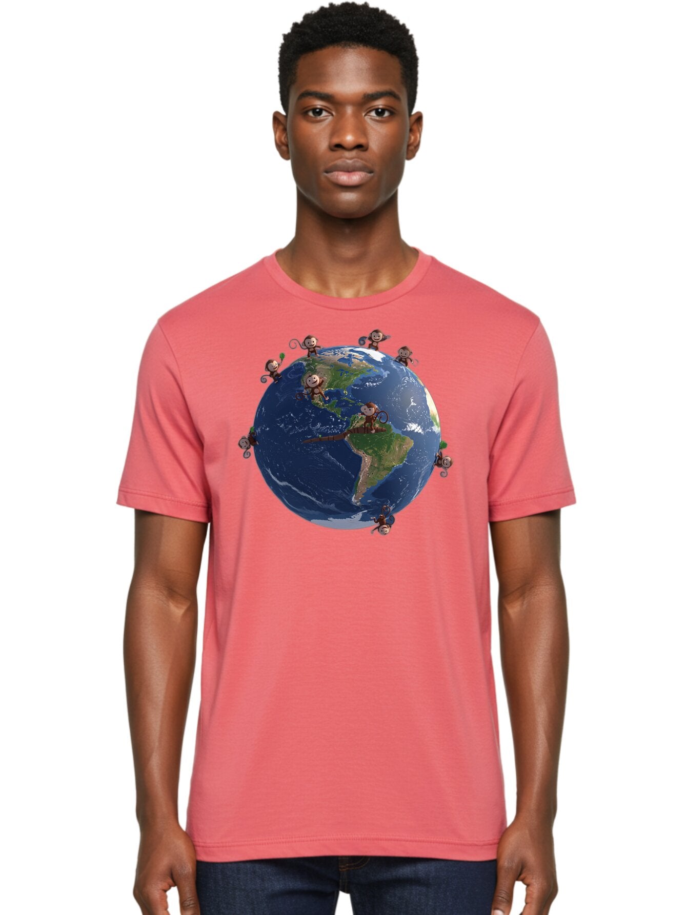 Monkeys-Around-The-World Men'S Graphic Tee, 100% Cotton, Comfortable Casual Summer Wear, Machine Washable, Monkeys On The Globe, Playful Primates, World Map, International Fun, Cartoon Characters, Global Unity, Amusing Scene, Monkey Business Bab017 21