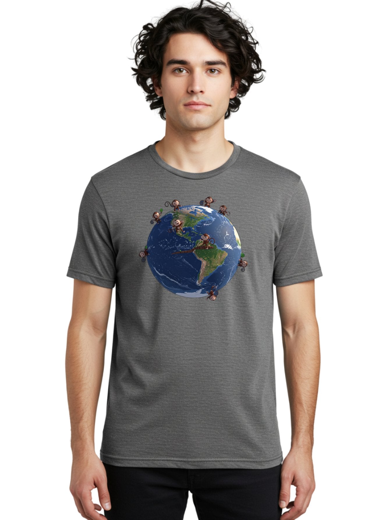 Monkeys-Around-The-World Men'S Graphic Tee, 100% Cotton, Comfortable Casual Summer Wear, Machine Washable, Monkeys On The Globe, Playful Primates, World Map, International Fun, Cartoon Characters, Global Unity, Amusing Scene, Monkey Business Bab017 18
