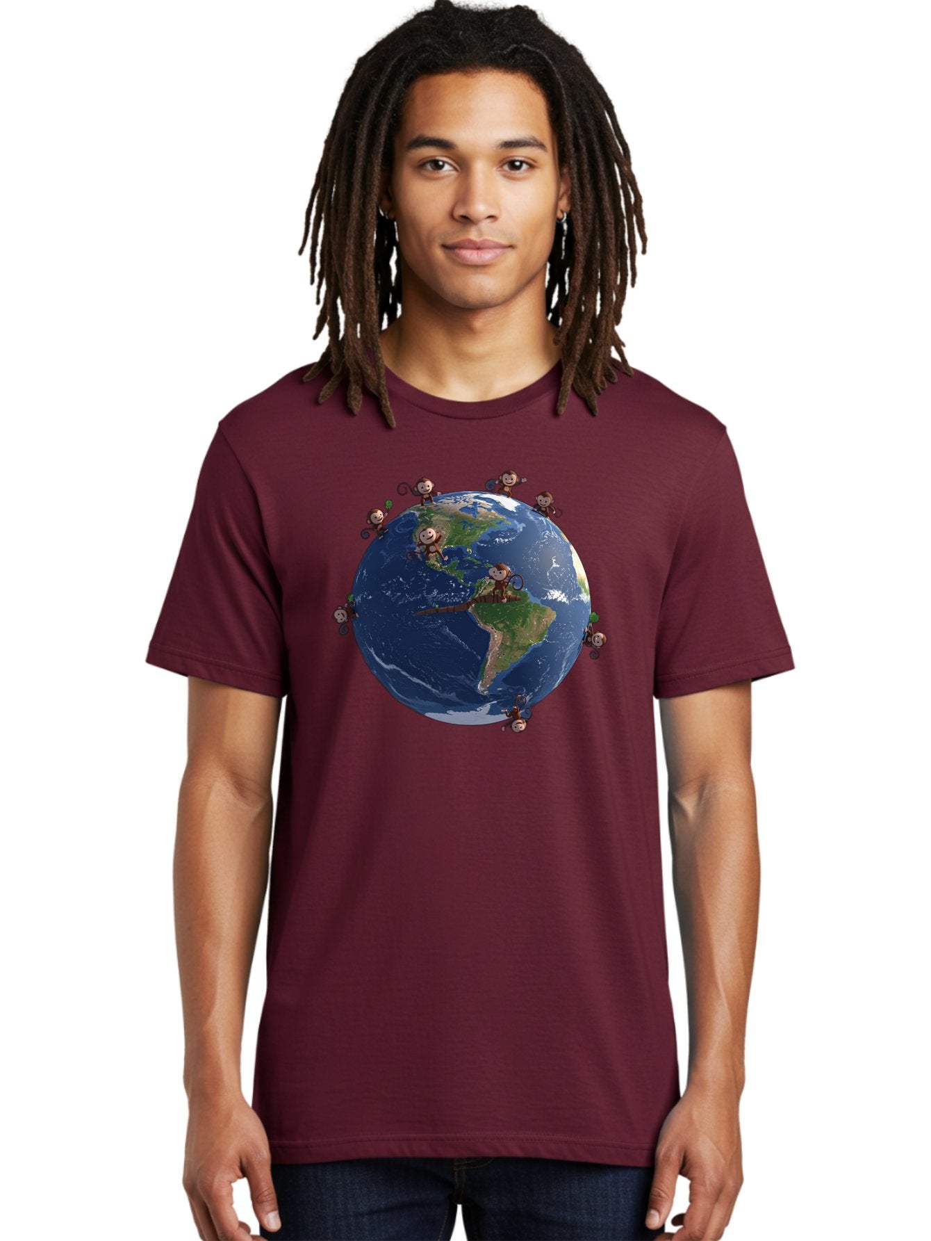 Monkeys-Around-The-World Men'S Graphic Tee, 100% Cotton, Comfortable Casual Summer Wear, Machine Washable, Monkeys On The Globe, Playful Primates, World Map, International Fun, Cartoon Characters, Global Unity, Amusing Scene, Monkey Business Bab017 25