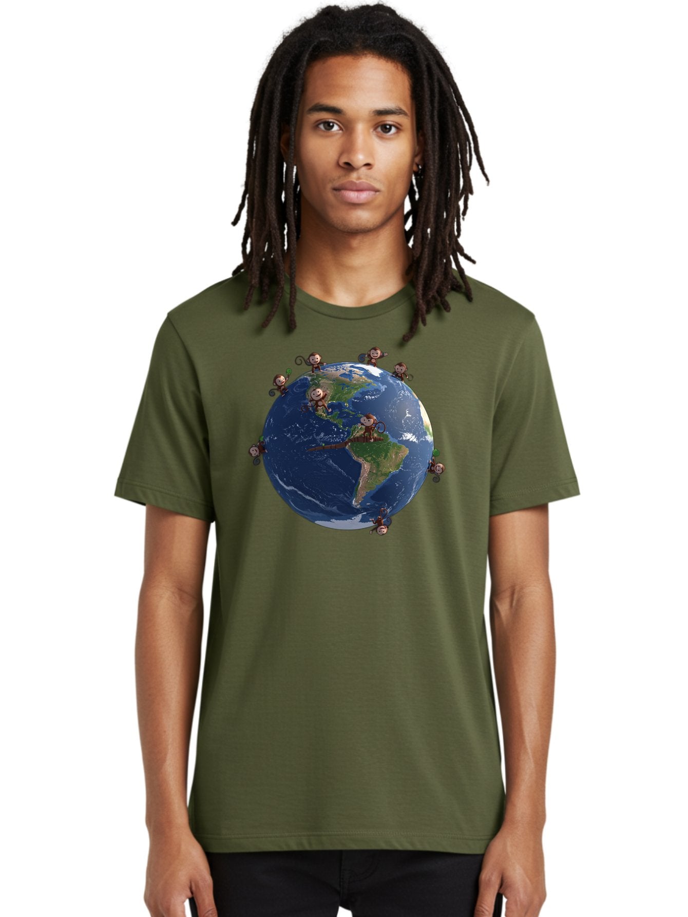 Monkeys-Around-The-World Men'S Graphic Tee, 100% Cotton, Comfortable Casual Summer Wear, Machine Washable, Monkeys On The Globe, Playful Primates, World Map, International Fun, Cartoon Characters, Global Unity, Amusing Scene, Monkey Business Bab017 23