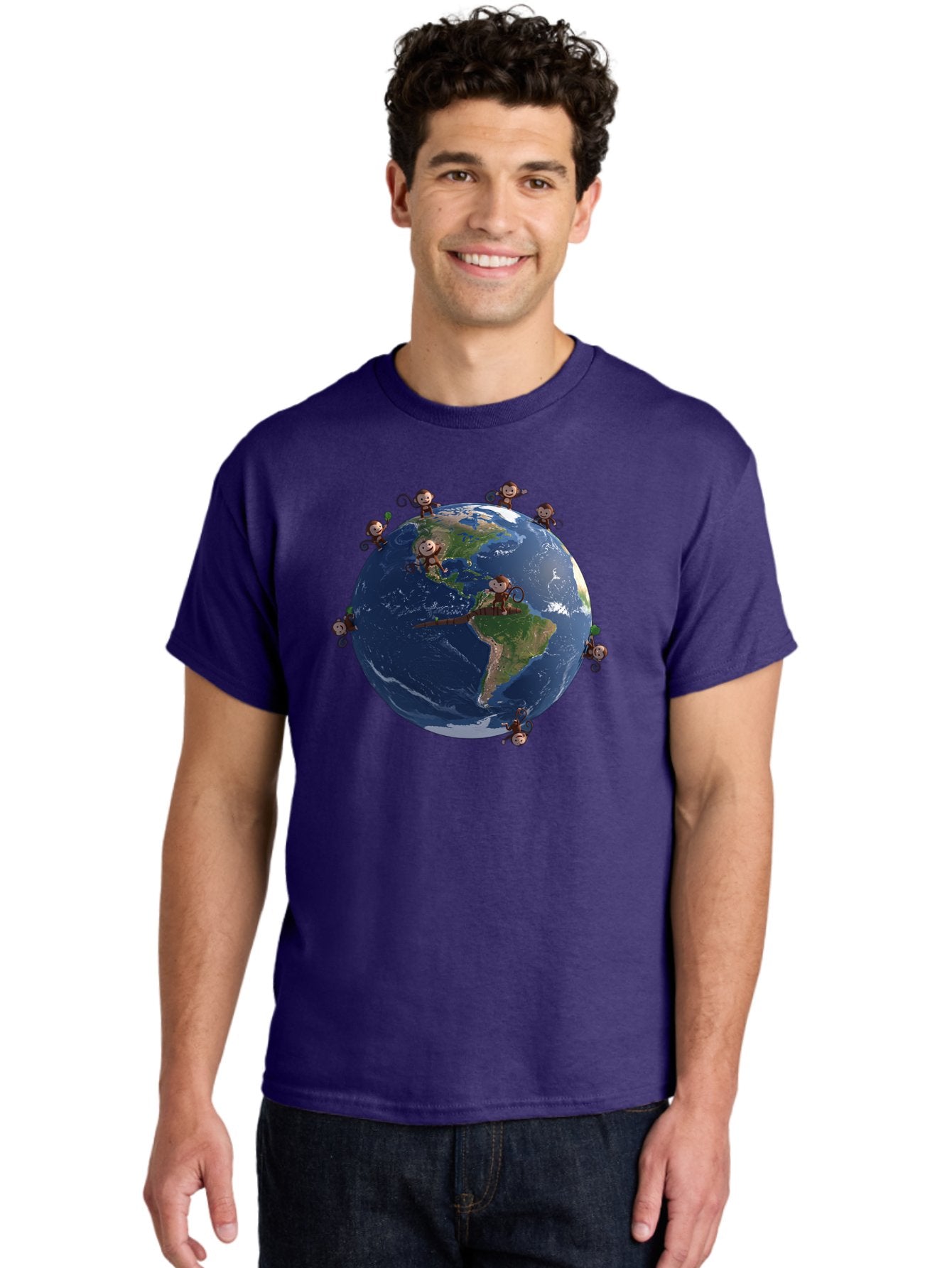Monkeys-Around-The-World Men'S Graphic Tee, 100% Cotton, Comfortable Casual Summer Wear, Machine Washable, Monkeys On The Globe, Playful Primates, World Map, International Fun, Cartoon Characters, Global Unity, Amusing Scene, Monkey Business Bab017 30