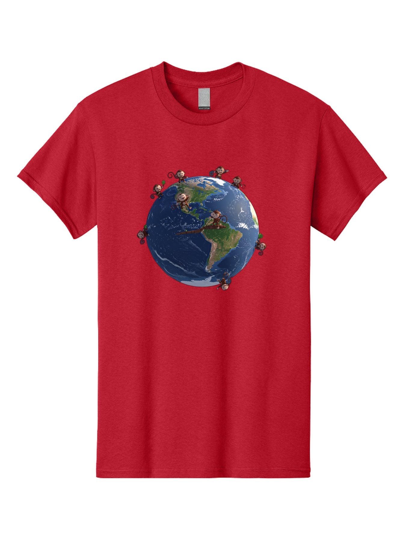 Monkeys-Around-The-World Men'S Graphic Tee, 100% Cotton, Comfortable Casual Summer Wear, Machine Washable, Monkeys On The Globe, Playful Primates, World Map, International Fun, Cartoon Characters, Global Unity, Amusing Scene, Monkey Business Bab017