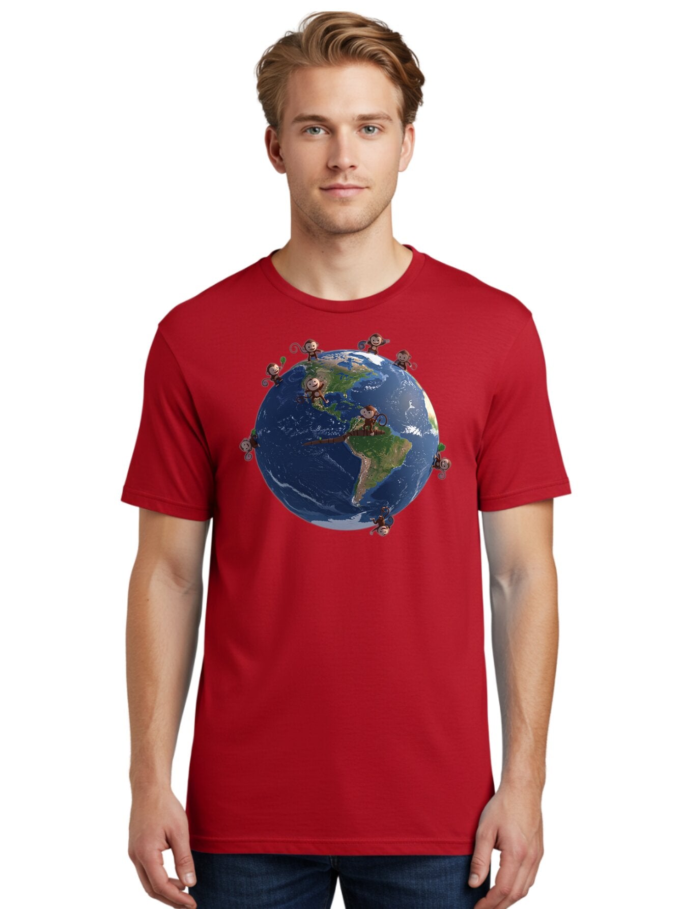 Monkeys-Around-The-World Men'S Graphic Tee, 100% Cotton, Comfortable Casual Summer Wear, Machine Washable, Monkeys On The Globe, Playful Primates, World Map, International Fun, Cartoon Characters, Global Unity, Amusing Scene, Monkey Business Bab017 19