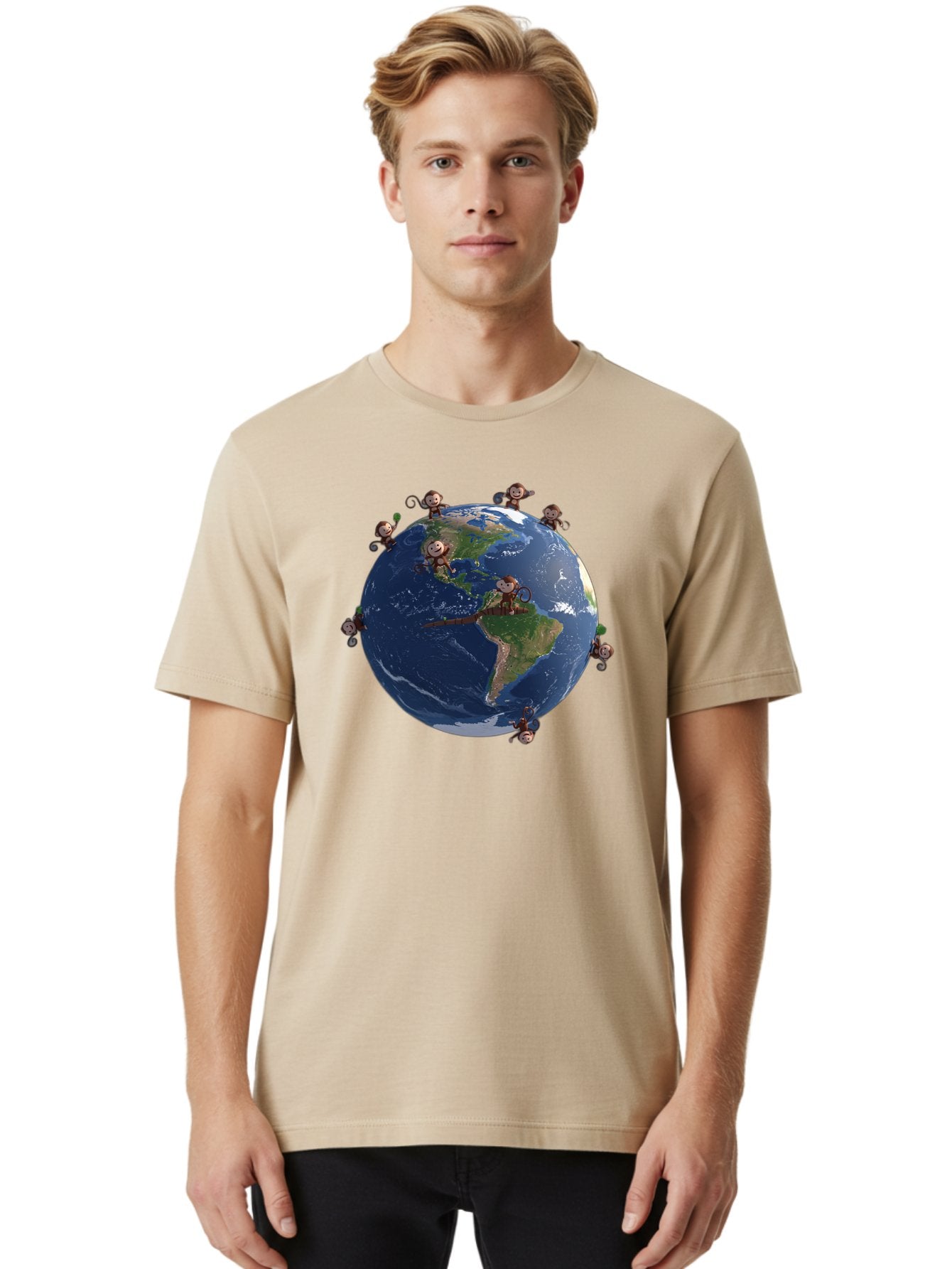 Monkeys-Around-The-World Men'S Graphic Tee, 100% Cotton, Comfortable Casual Summer Wear, Machine Washable, Monkeys On The Globe, Playful Primates, World Map, International Fun, Cartoon Characters, Global Unity, Amusing Scene, Monkey Business Bab017 17