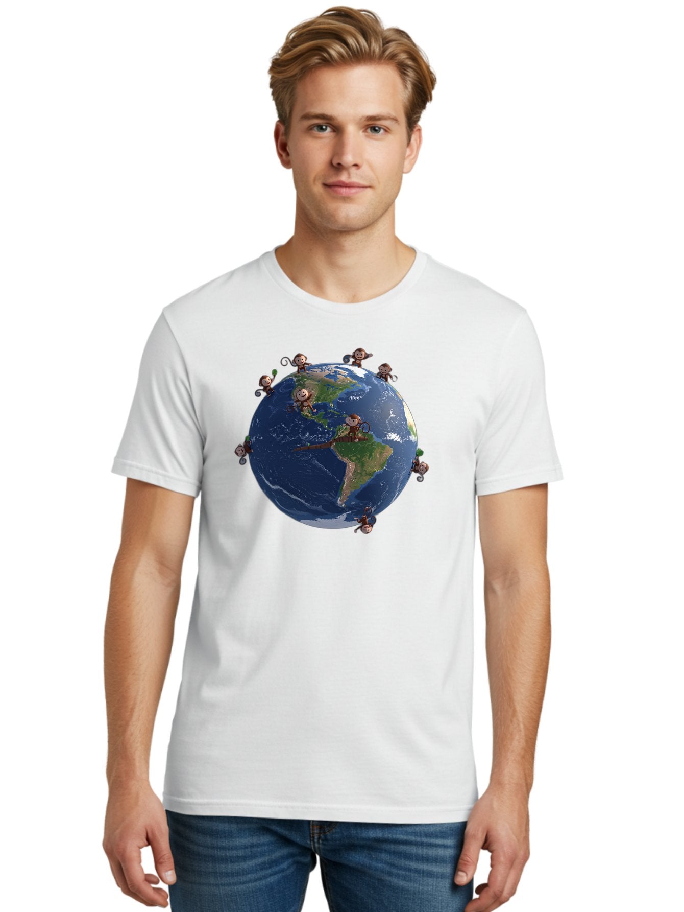 Monkeys-Around-The-World Men'S Graphic Tee, 100% Cotton, Comfortable Casual Summer Wear, Machine Washable, Monkeys On The Globe, Playful Primates, World Map, International Fun, Cartoon Characters, Global Unity, Amusing Scene, Monkey Business Bab017 16