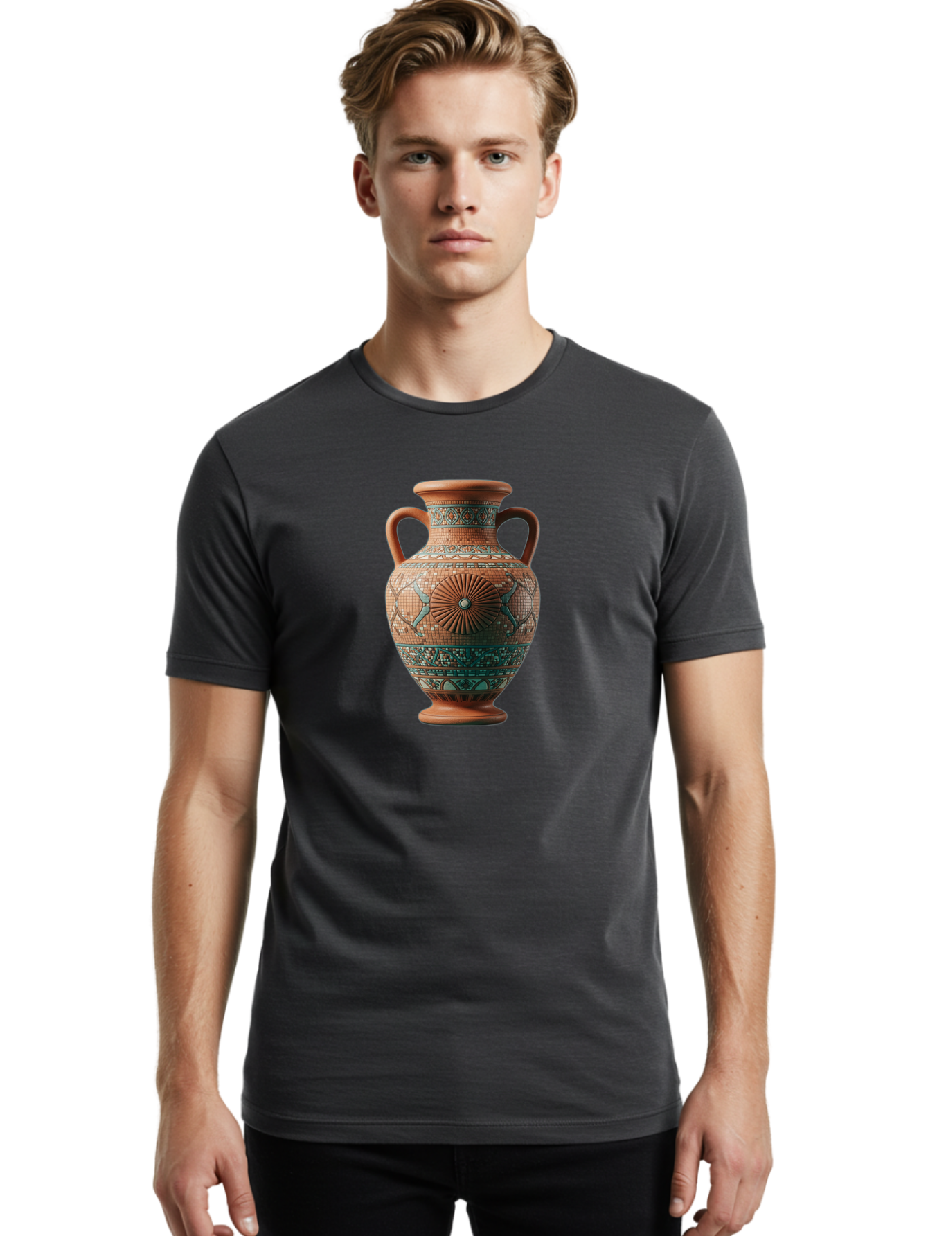 Mosaic-Vase Men'S Graphic Tee, 100% Cotton, Comfortable Casual Summer Wear, Machine Washable, Ancient Greek Vase, Terracotta Pottery, Classical Design, Ornate Patterns, Mosaic Art, Cultural Heritage, Traditional Craftsmanship, Bab023