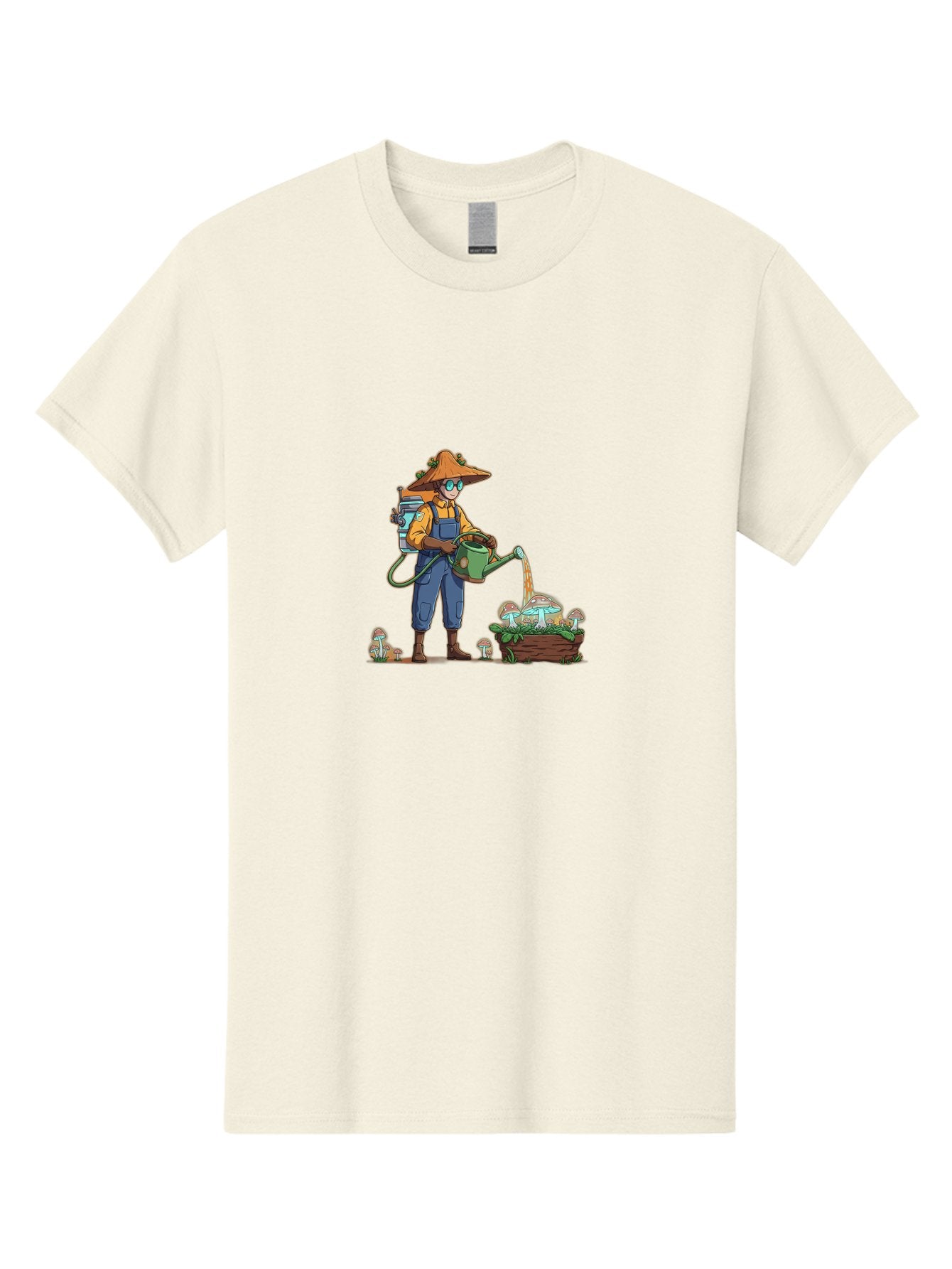 Mushroom-Gardener Men'S Graphic Tee, 100% Cotton, Comfortable Casual Summer Wear, Machine Washable, Gardener Watering Mushrooms, Cartoon Character, Gardening Tools, Mushroom Cultivation, Fantasy Gardening, Fun Illustration, Mushroom Care, Bab026 3