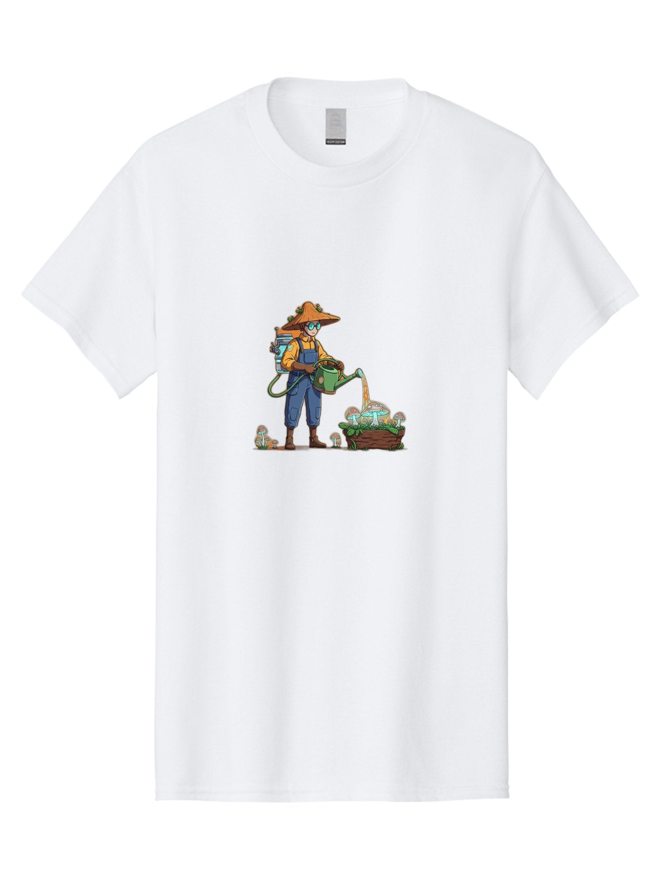Mushroom-Gardener Men'S Graphic Tee, 100% Cotton, Comfortable Casual Summer Wear, Machine Washable, Gardener Watering Mushrooms, Cartoon Character, Gardening Tools, Mushroom Cultivation, Fantasy Gardening, Fun Illustration, Mushroom Care, Bab026