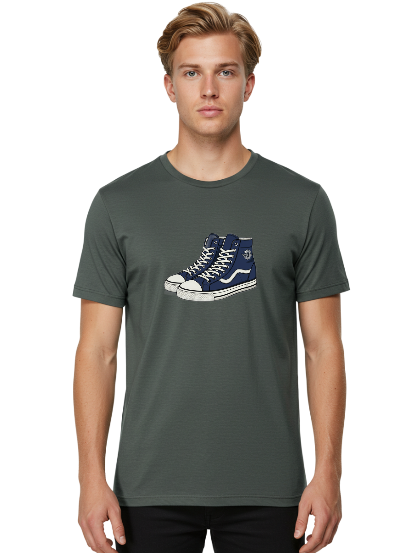 Navy-Blue-High-Top-Sneakers Men'S Graphic Tee, 100% Cotton, Comfortable Casual Summer Wear, Machine Washable, Navy Blue Sneakers, High-Top Shoes, White Laces, White Soles, Athletic Footwear, Casual Wear, Sports Shoes, Comfortable Shoes, Bab027 28
