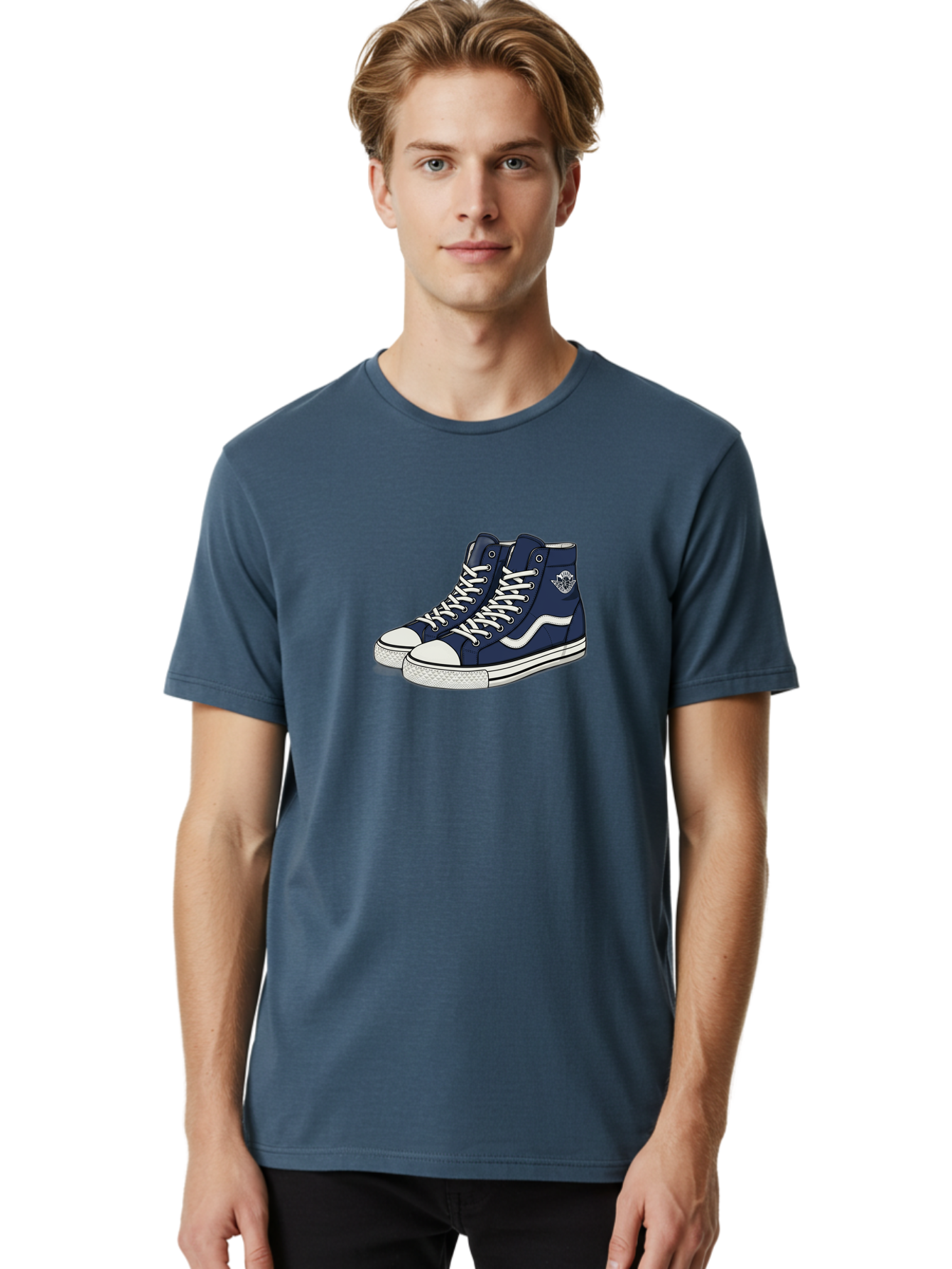 Navy-Blue-High-Top-Sneakers Men'S Graphic Tee, 100% Cotton, Comfortable Casual Summer Wear, Machine Washable, Navy Blue Sneakers, High-Top Shoes, White Laces, White Soles, Athletic Footwear, Casual Wear, Sports Shoes, Comfortable Shoes, Bab027 10