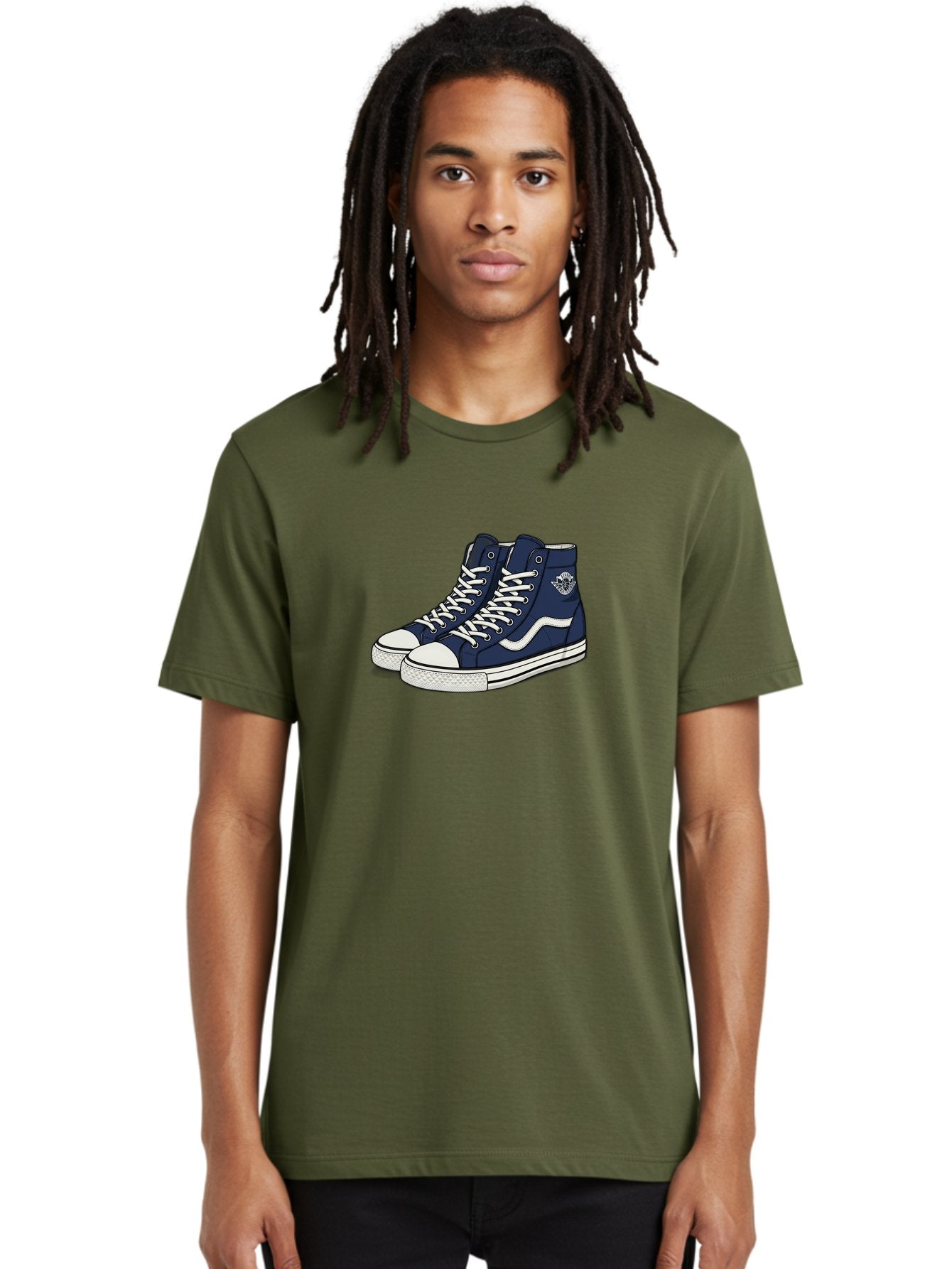 Navy-Blue-High-Top-Sneakers Men'S Graphic Tee, 100% Cotton, Comfortable Casual Summer Wear, Machine Washable, Navy Blue Sneakers, High-Top Shoes, White Laces, White Soles, Athletic Footwear, Casual Wear, Sports Shoes, Comfortable Shoes, Bab027 21